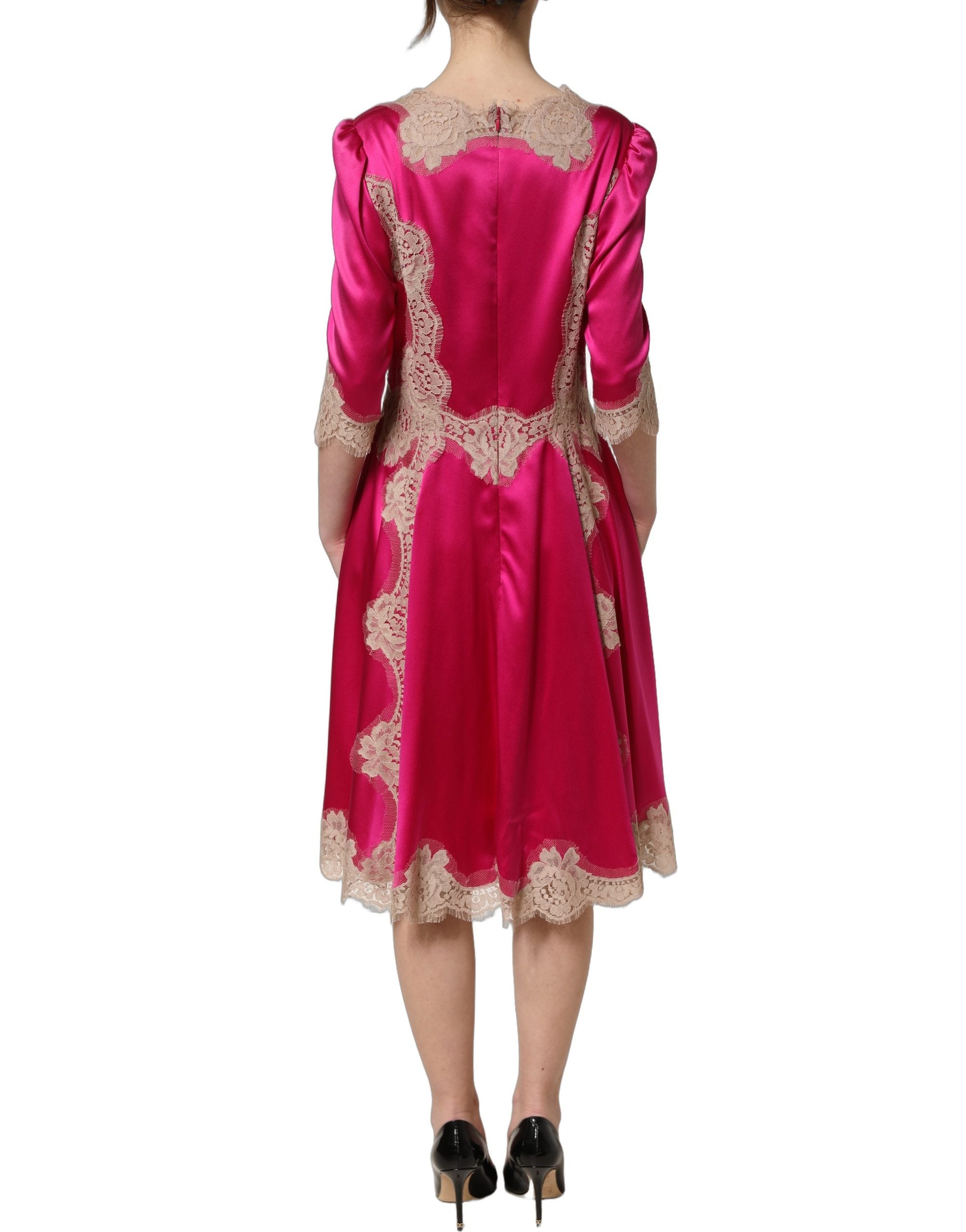 Dolce & Gabbana Fuchsia Pink Spitzen-Detail A-Linien-Midikleid-5