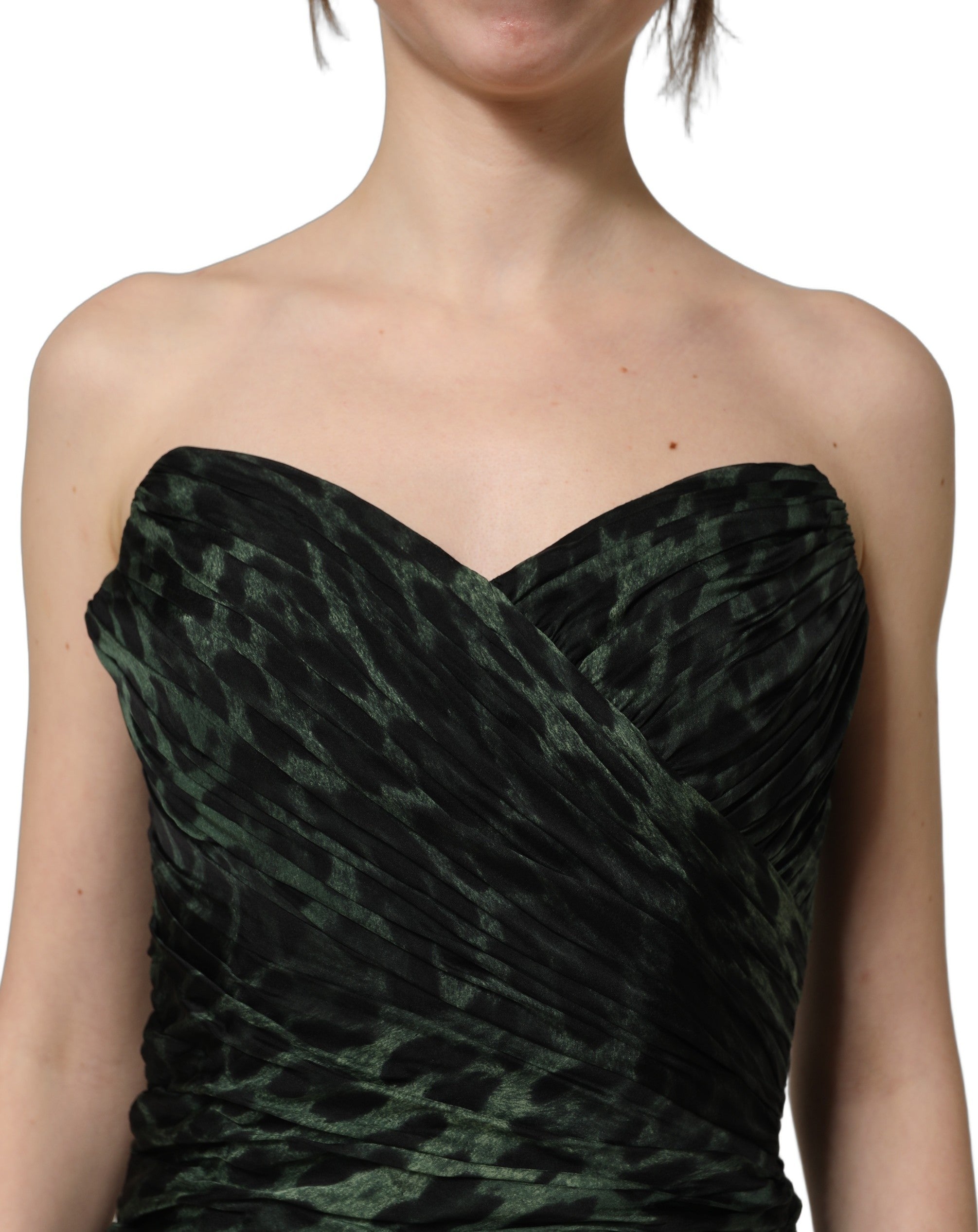 Dolce & Gabbana Bustier-Midi-Kleid mit drapierter Silhouette und grünem Leopardenmuster-6