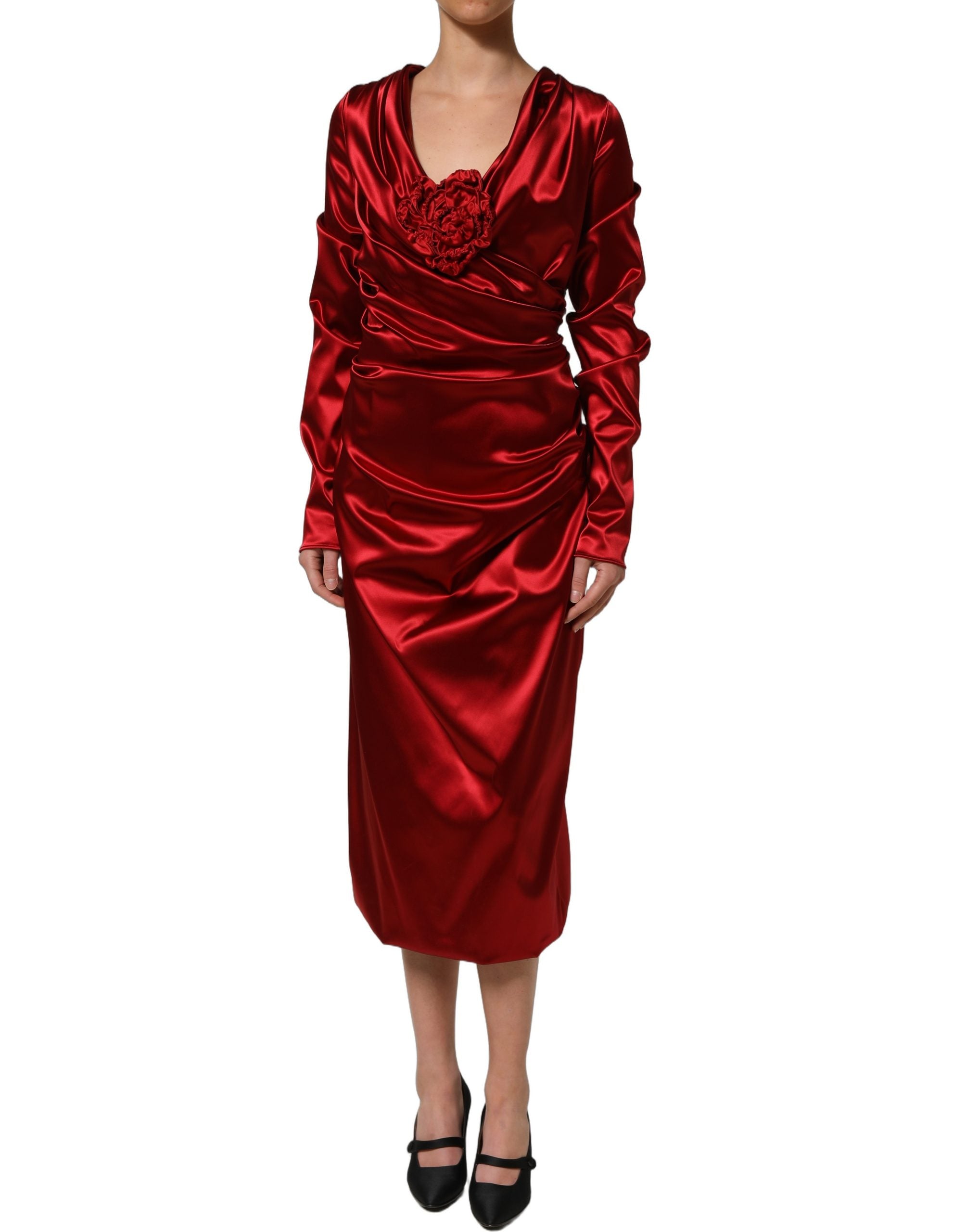 Dolce & Gabbana Rotes Seiden-Satin-Midikleid mit Drapierung und Blumenapplikation-3