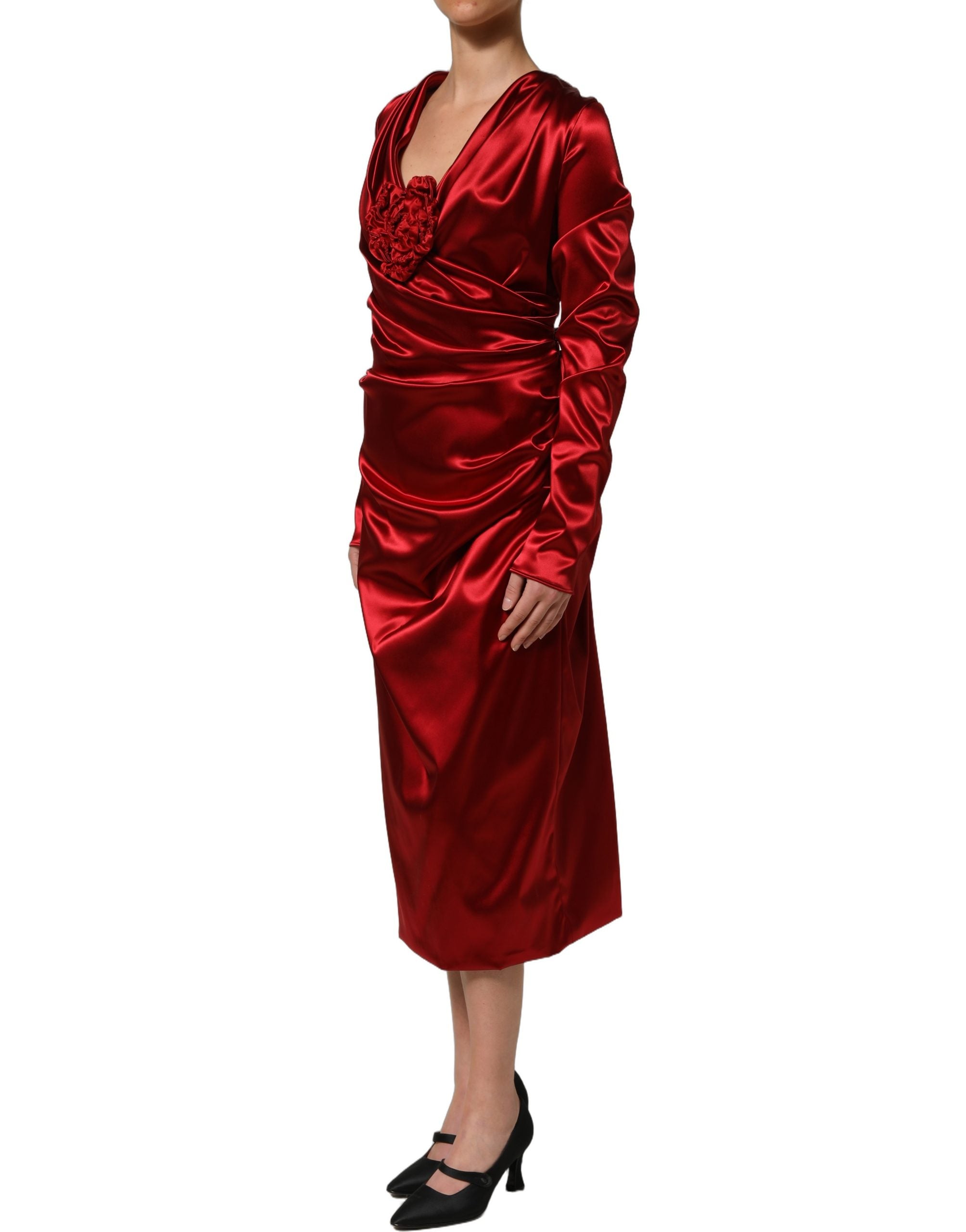 Dolce & Gabbana Rotes Seiden-Satin-Midikleid mit Drapierung und Blumenapplikation-4