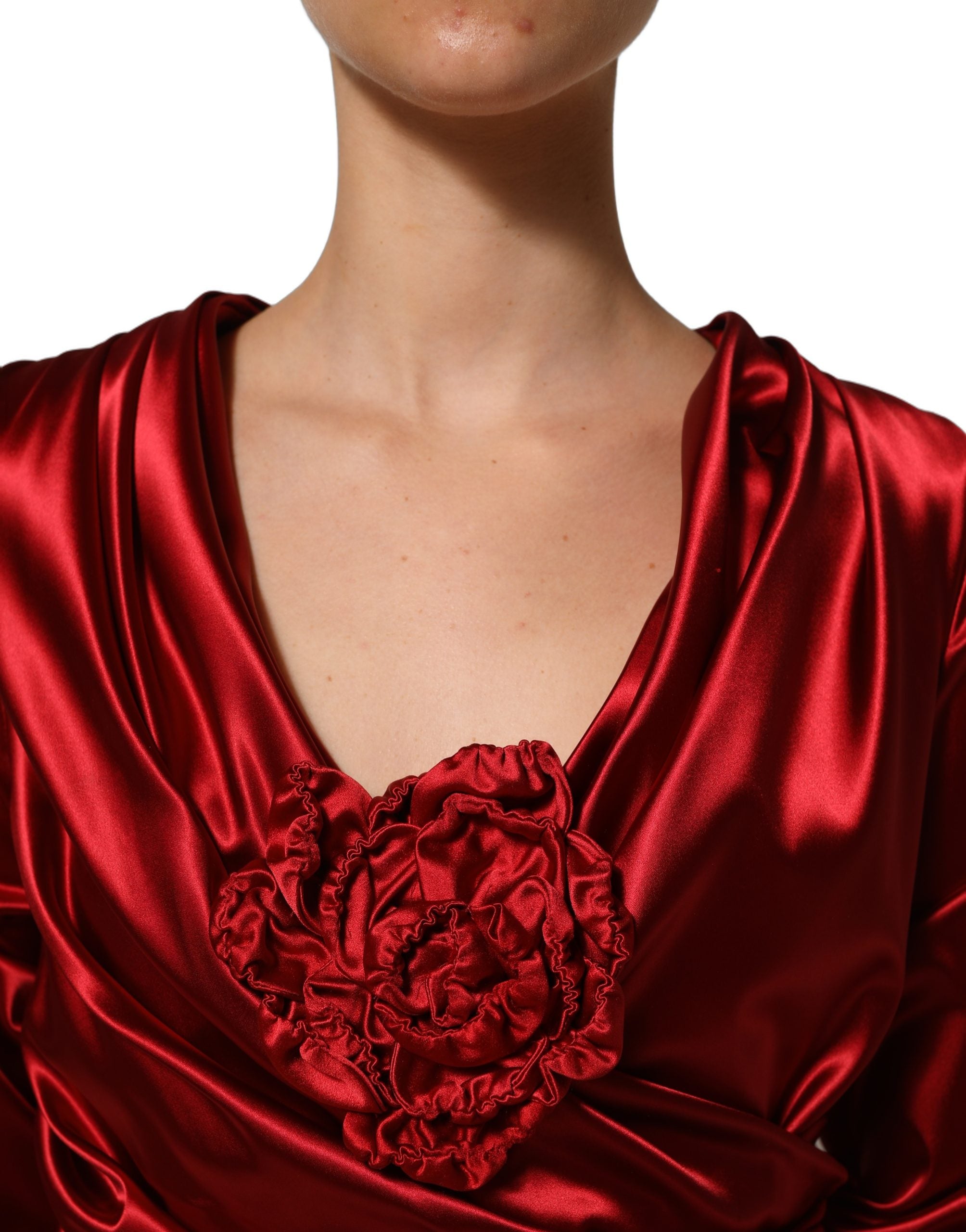 Dolce & Gabbana Rotes Seiden-Satin-Midikleid mit Drapierung und Blumenapplikation-5