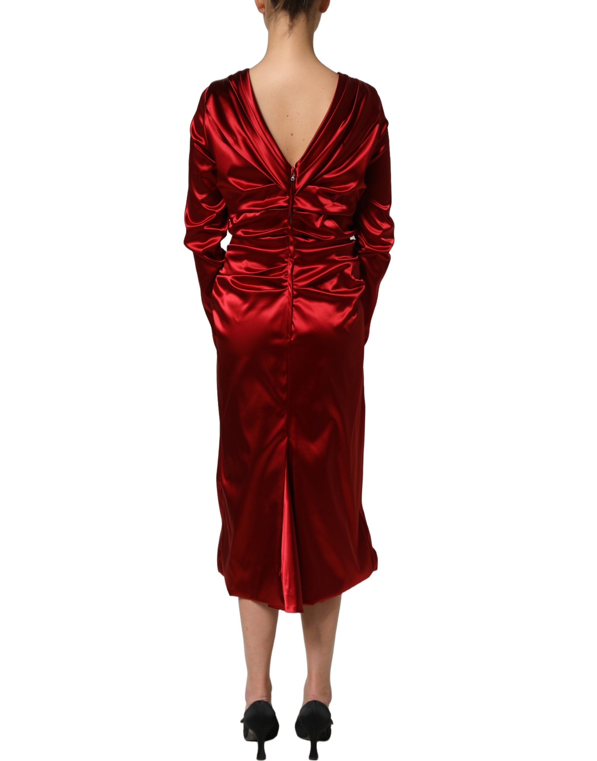 Dolce & Gabbana Rotes Seiden-Satin-Midikleid mit Drapierung und Blumenapplikation-6