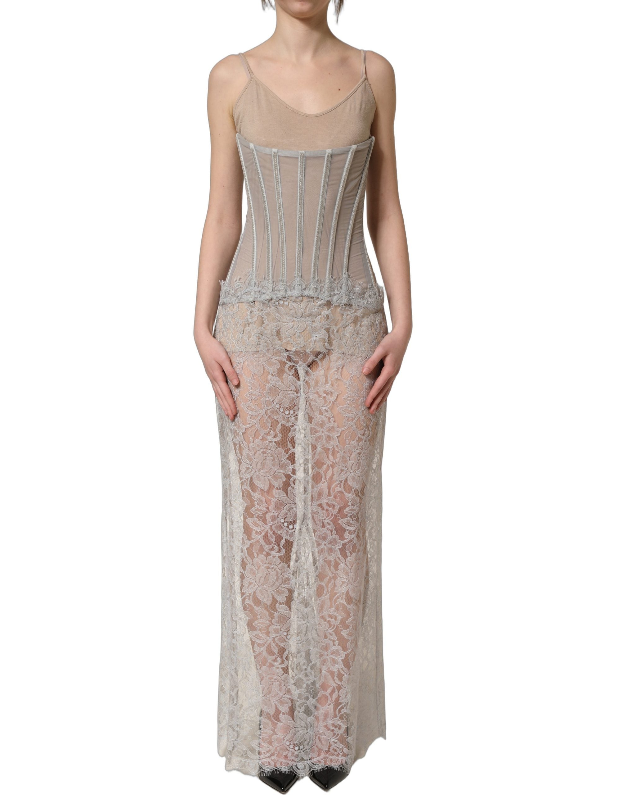 Dolce & Gabbana Graues Spitzenkorsett-Maxikleid-3