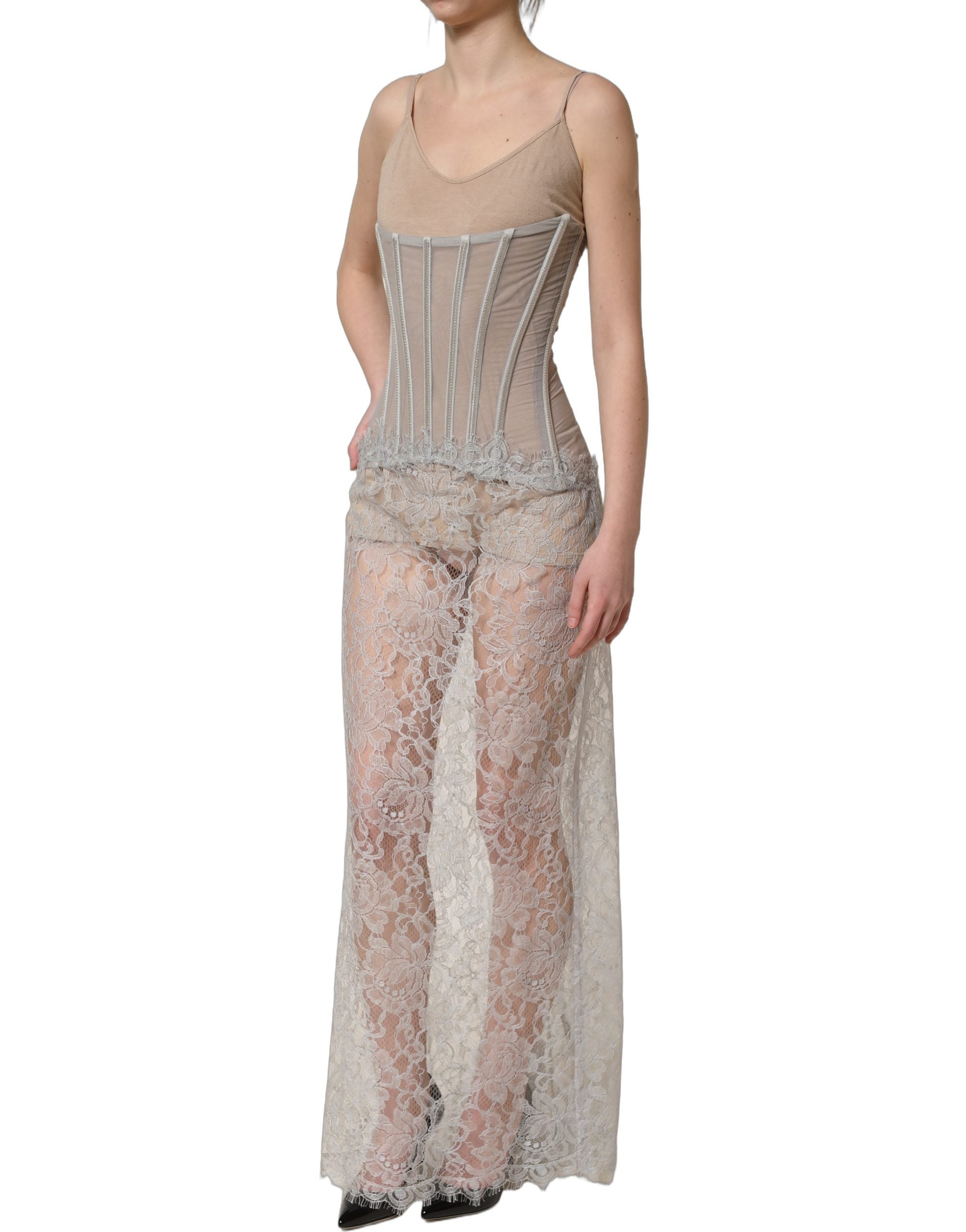 Dolce & Gabbana Graues Spitzenkorsett-Maxikleid-4