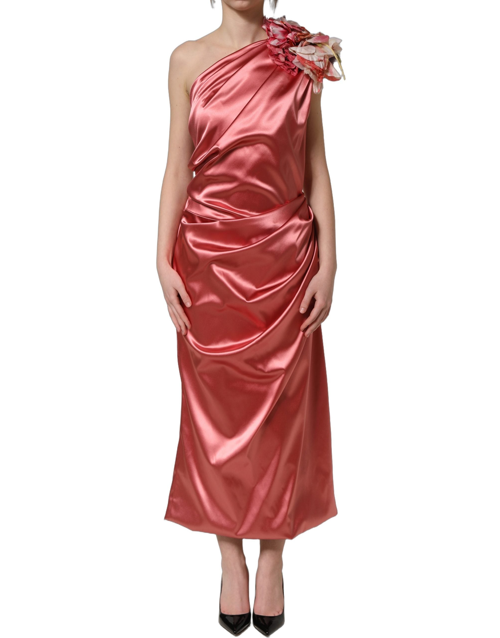 Dolce & Gabbana Rosa Midikleid mit Blumenapplikationen und Drapierung-2