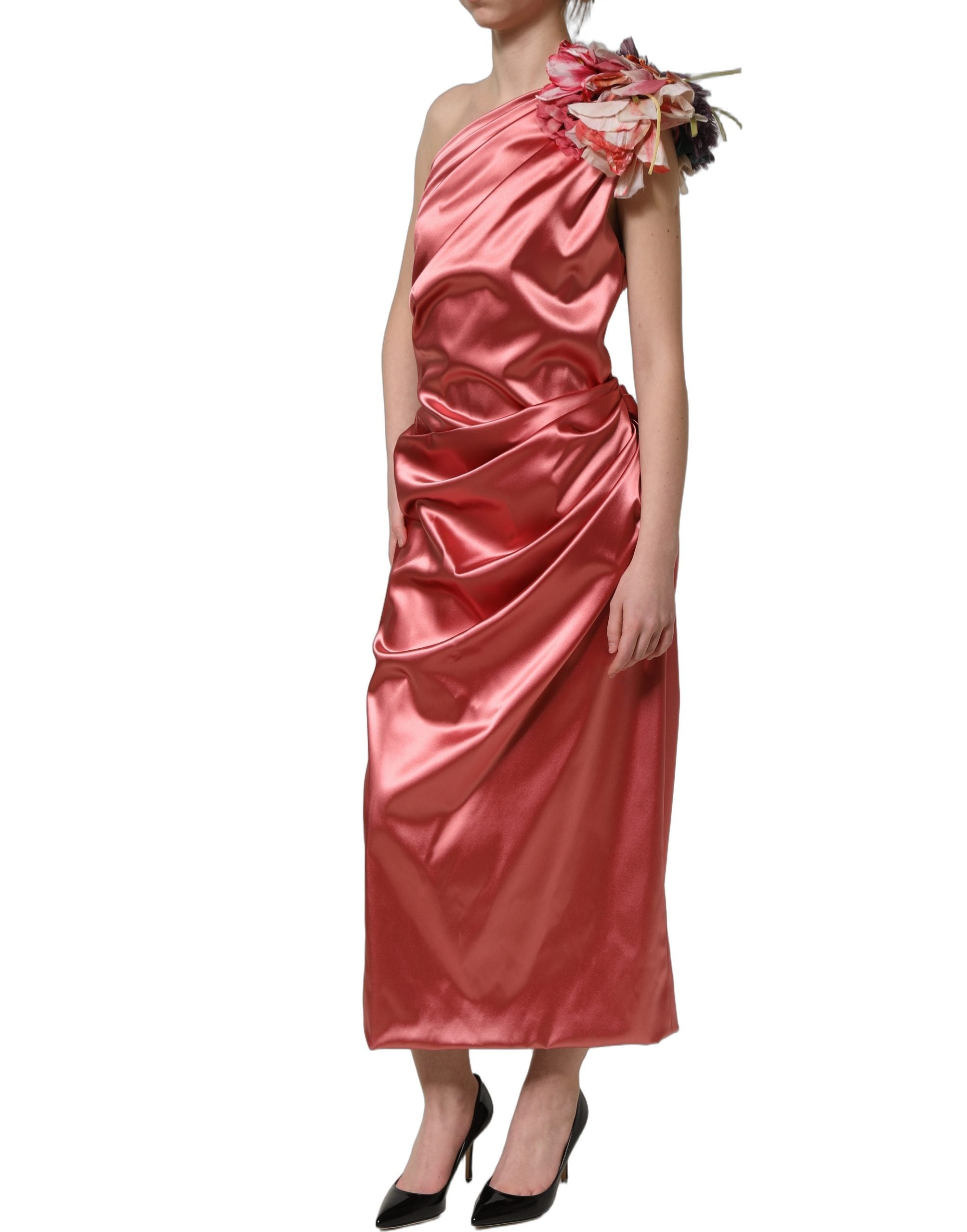 Dolce & Gabbana Rosa Midikleid mit Blumenapplikationen und Drapierung-4