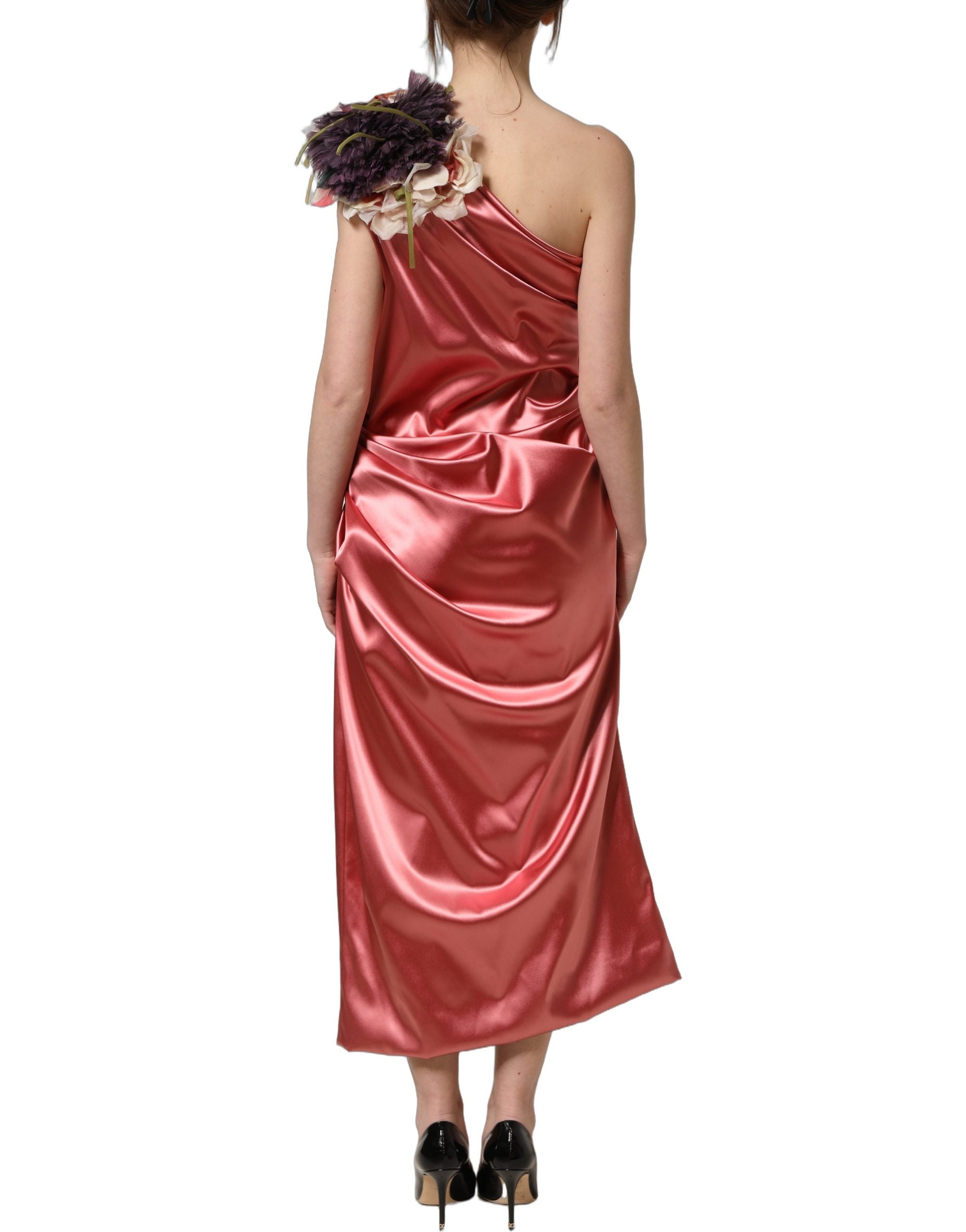 Dolce & Gabbana Rosa Midikleid mit Blumenapplikationen und Drapierung-6
