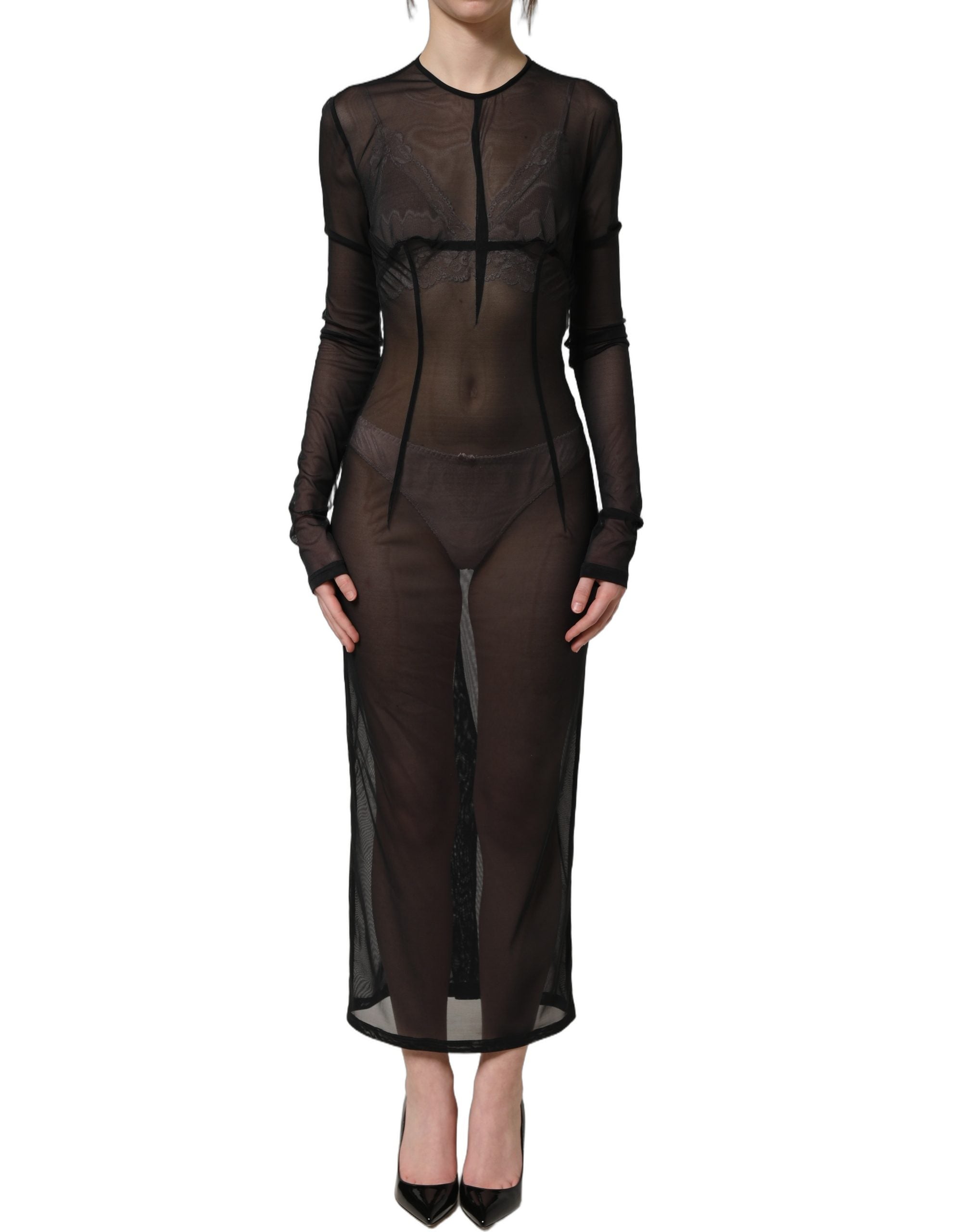 Dolce & Gabbana Schwarzes, figurbetontes Maxikleid mit langen Ärmeln und transparentem Stoff-3