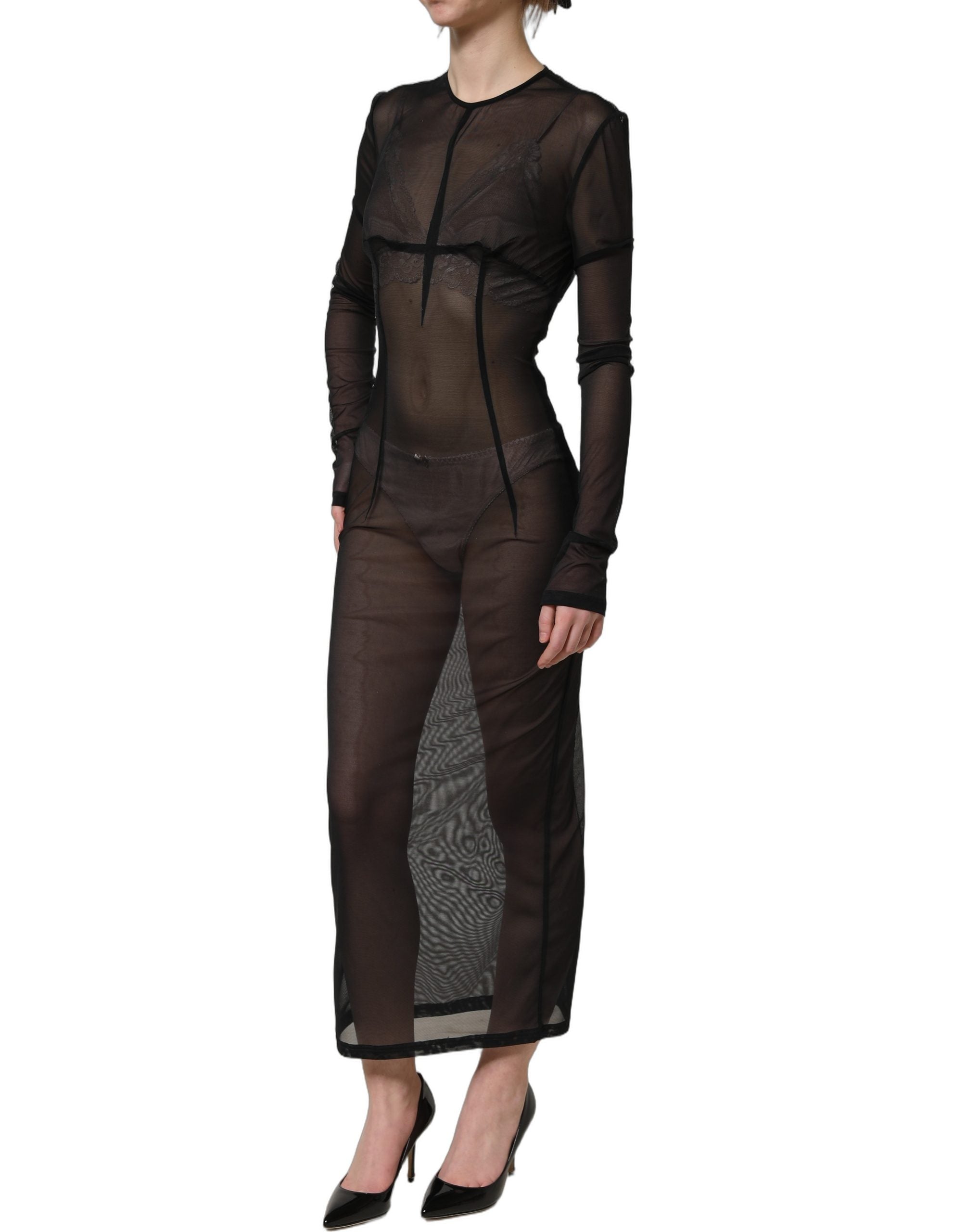 Dolce & Gabbana Schwarzes, figurbetontes Maxikleid mit langen Ärmeln und transparentem Stoff-4