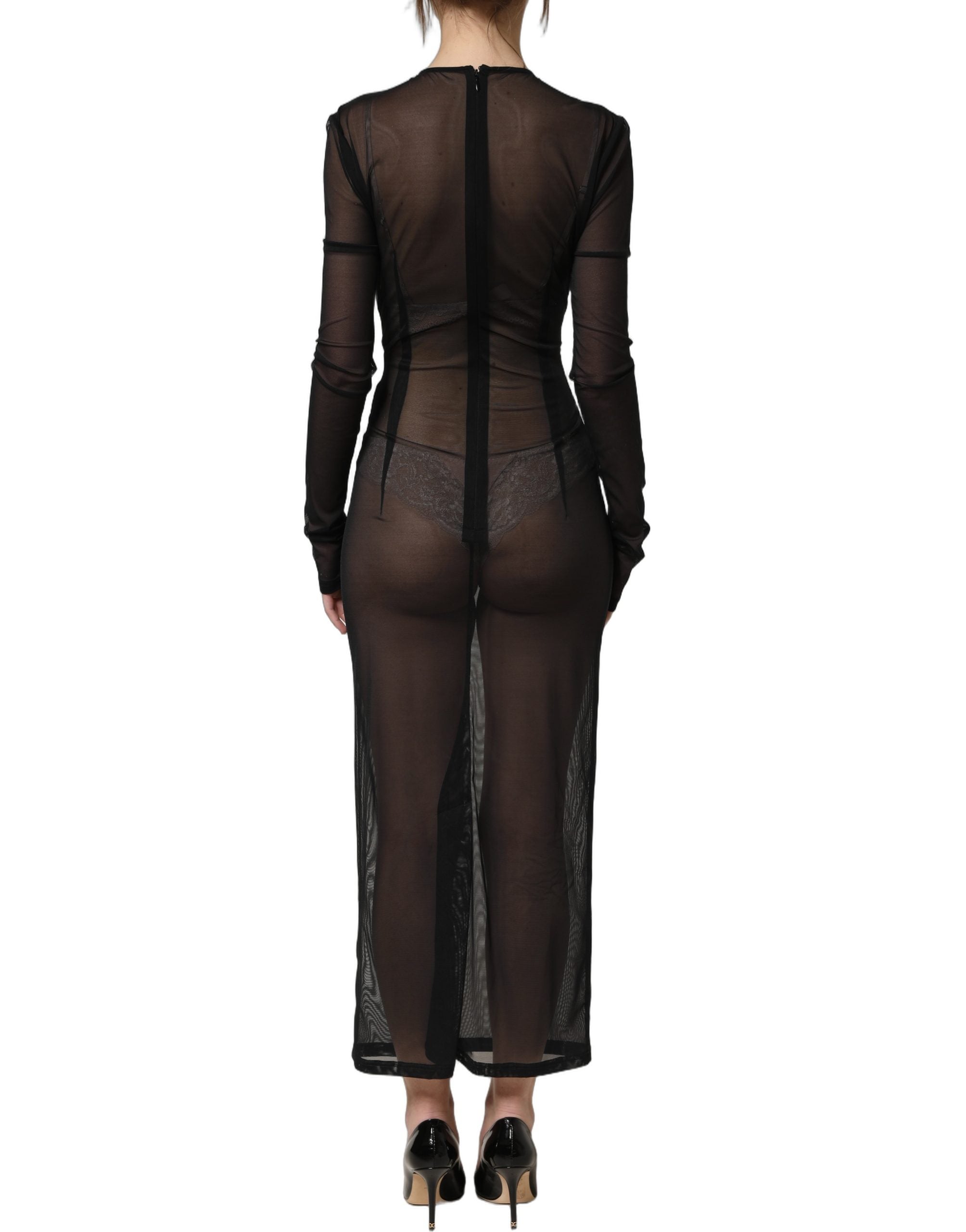 Dolce & Gabbana Schwarzes, figurbetontes Maxikleid mit langen Ärmeln und transparentem Stoff-5