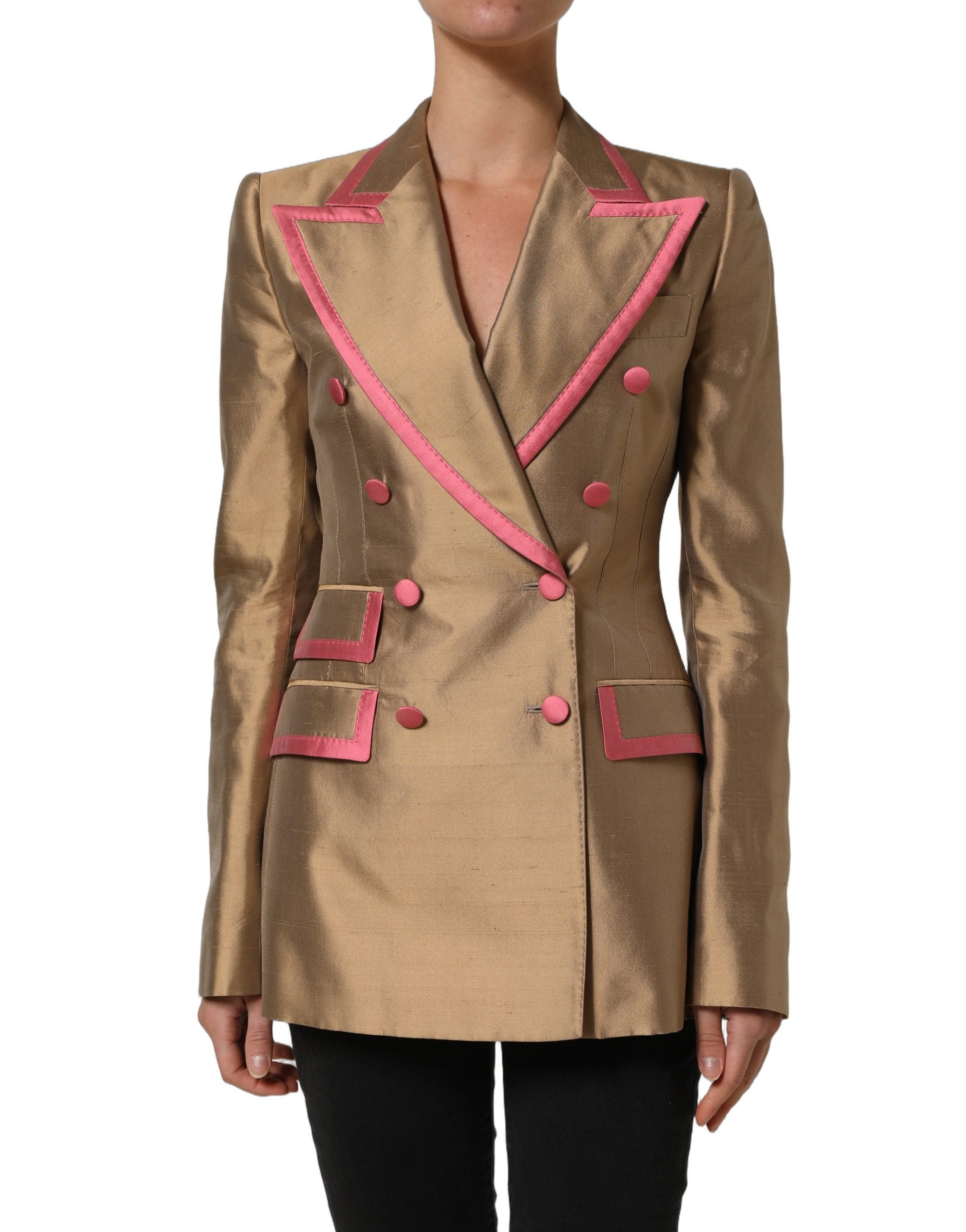 Dolce & Gabbana Goldfarbener Seiden-Zweireihiger Mantel-Blazer-1
