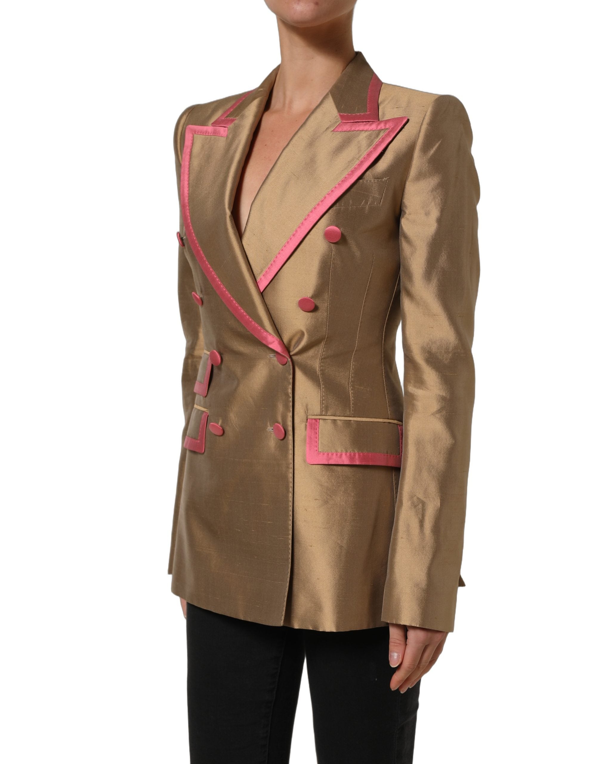 Dolce & Gabbana Goldfarbener Seiden-Zweireihiger Mantel-Blazer-3