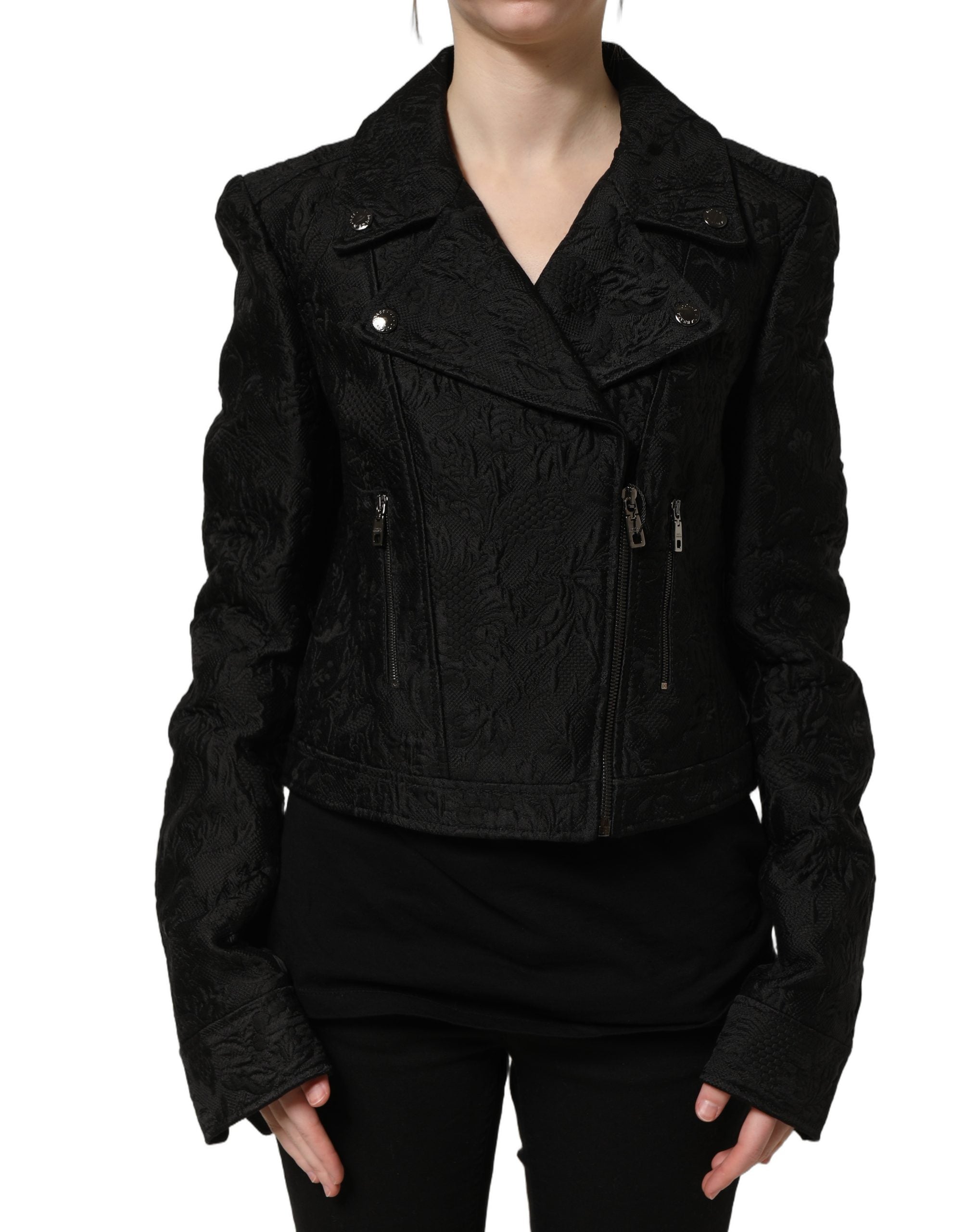 Dolce & Gabbana Schwarze Biker-Blousonjacke aus Blumenbrokat-4