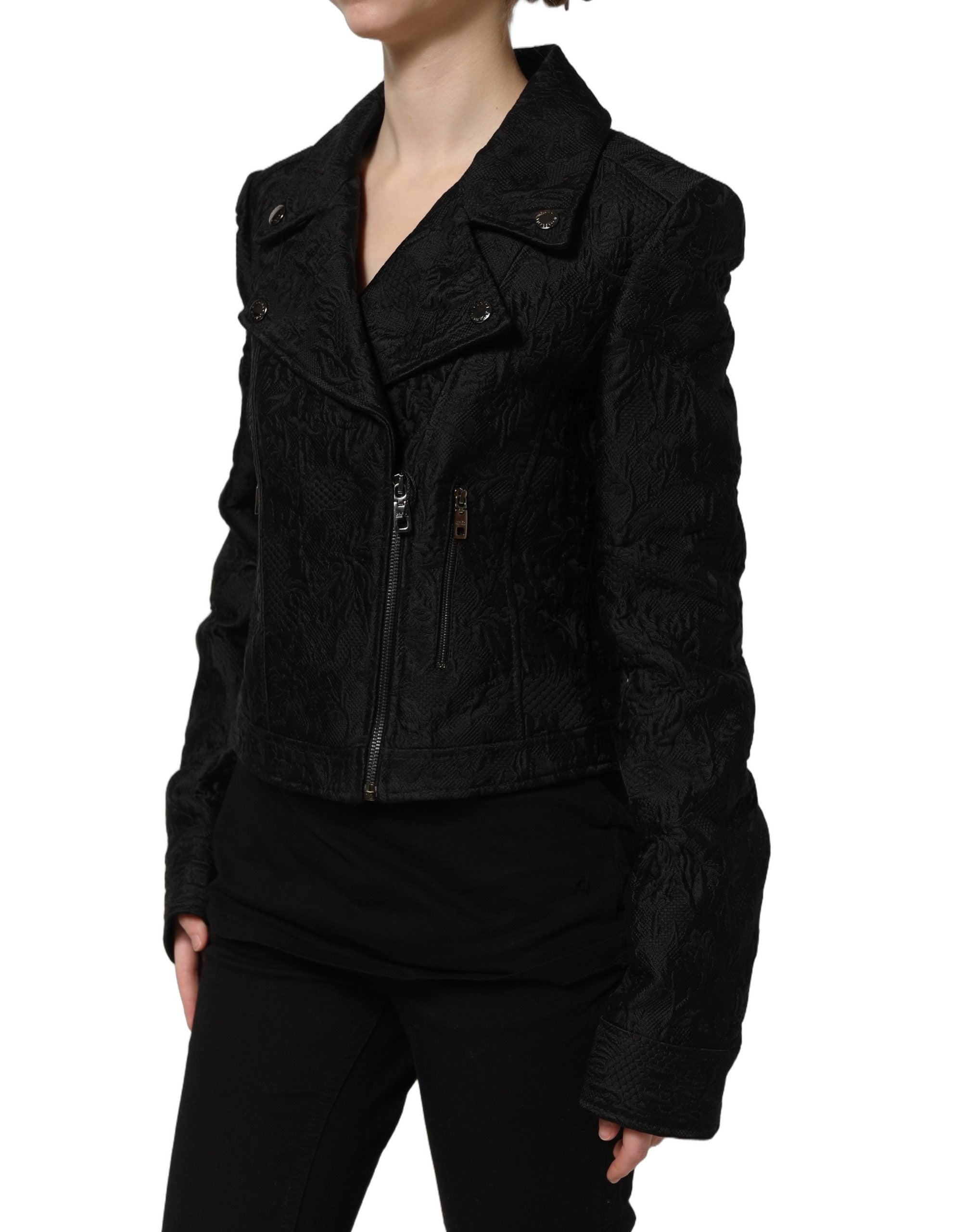 Dolce & Gabbana Schwarze Biker-Blousonjacke aus Blumenbrokat-6