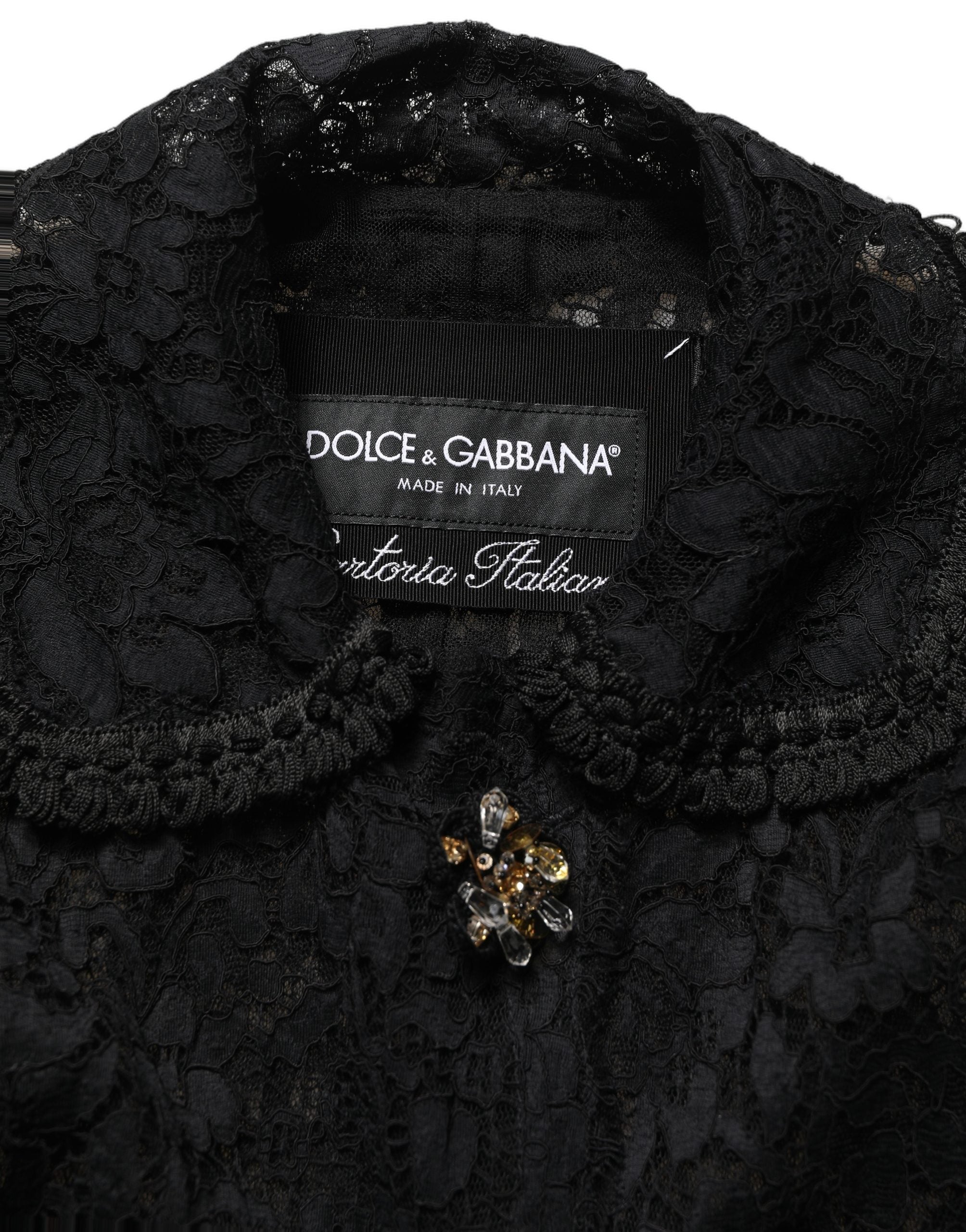 Dolce & Gabbana Schwarzer Mantel aus Guipure-Spitze mit Verzierungen-1