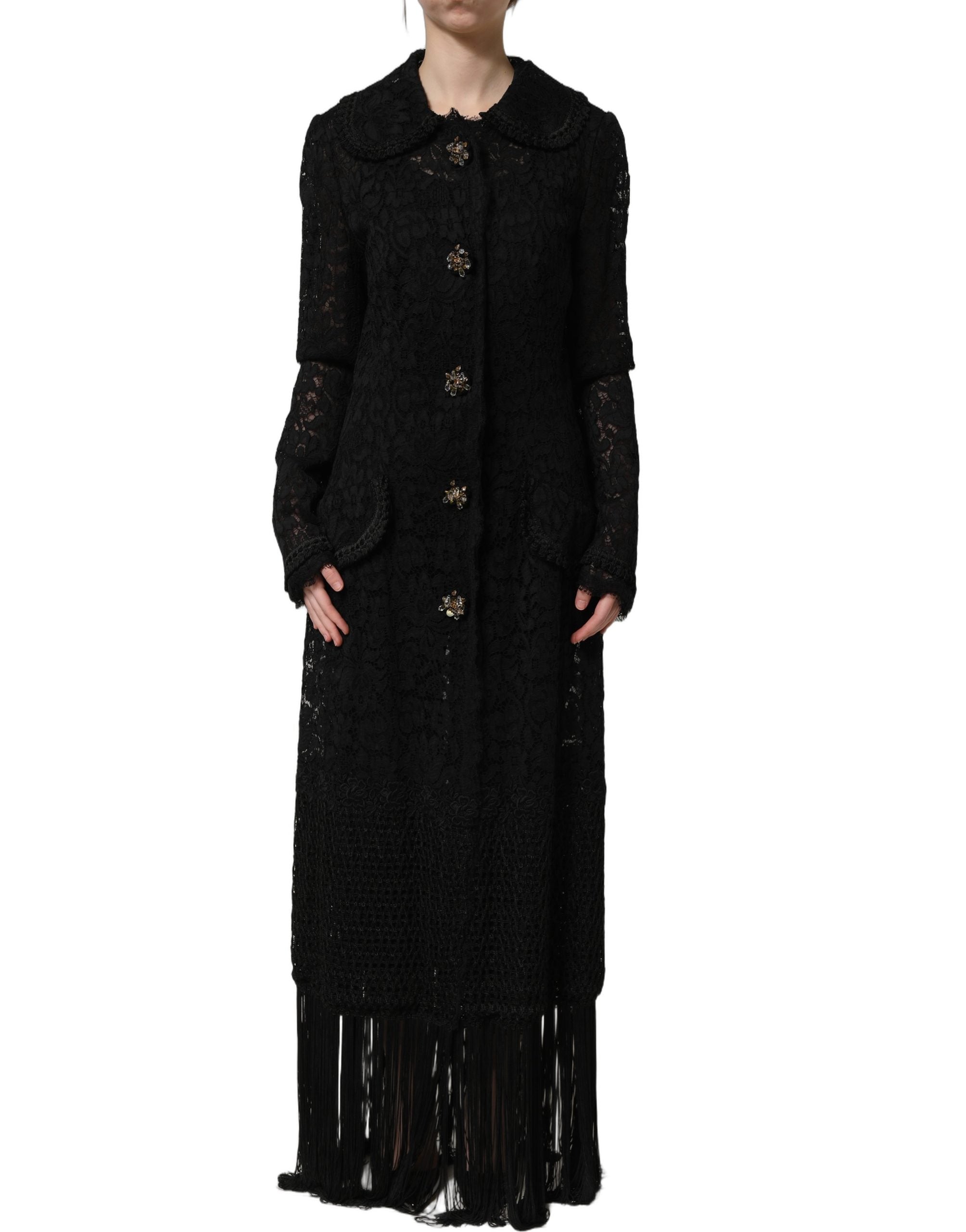 Dolce & Gabbana Schwarzer Mantel aus Guipure-Spitze mit Verzierungen-3