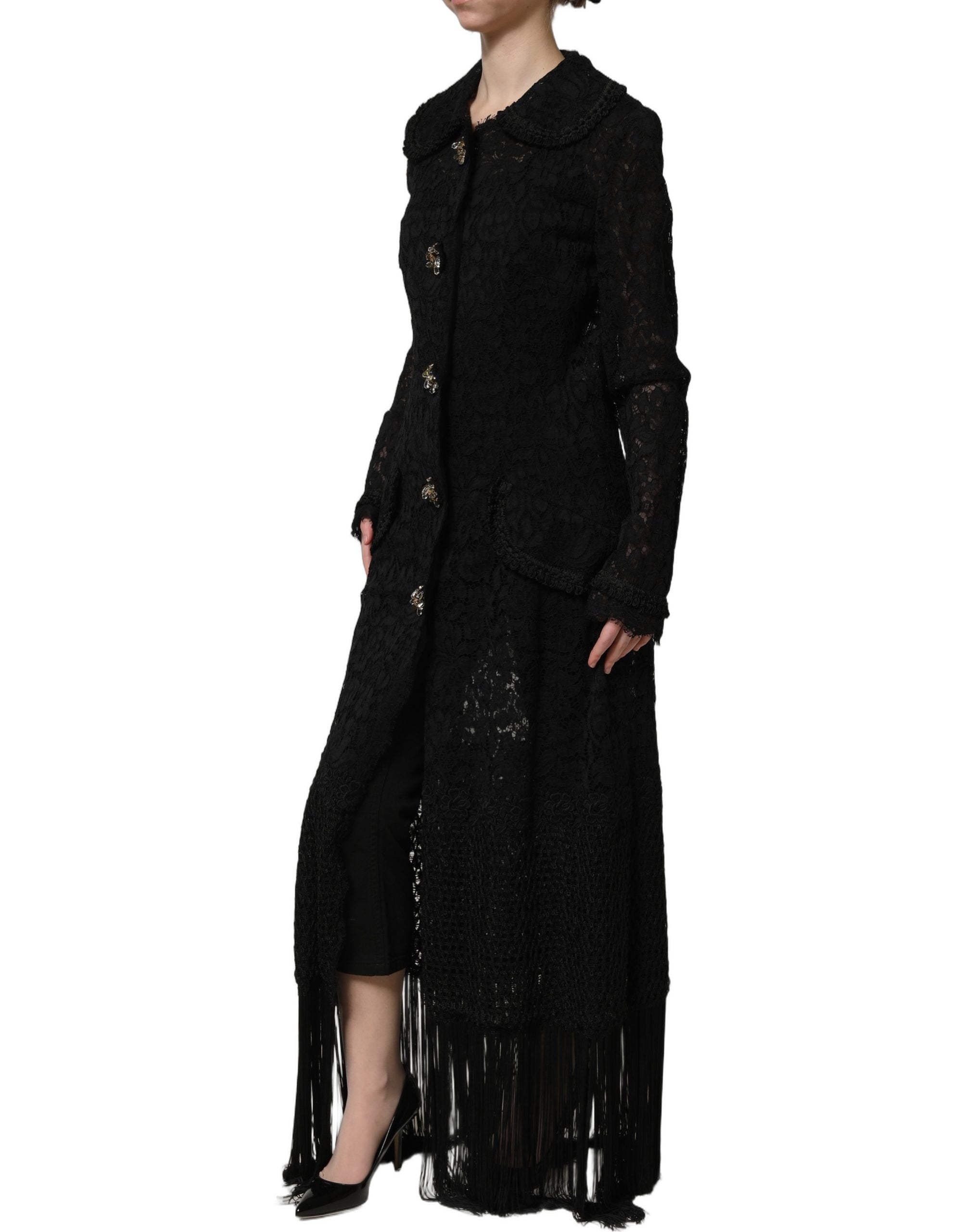 Dolce & Gabbana Schwarzer Mantel aus Guipure-Spitze mit Verzierungen-4