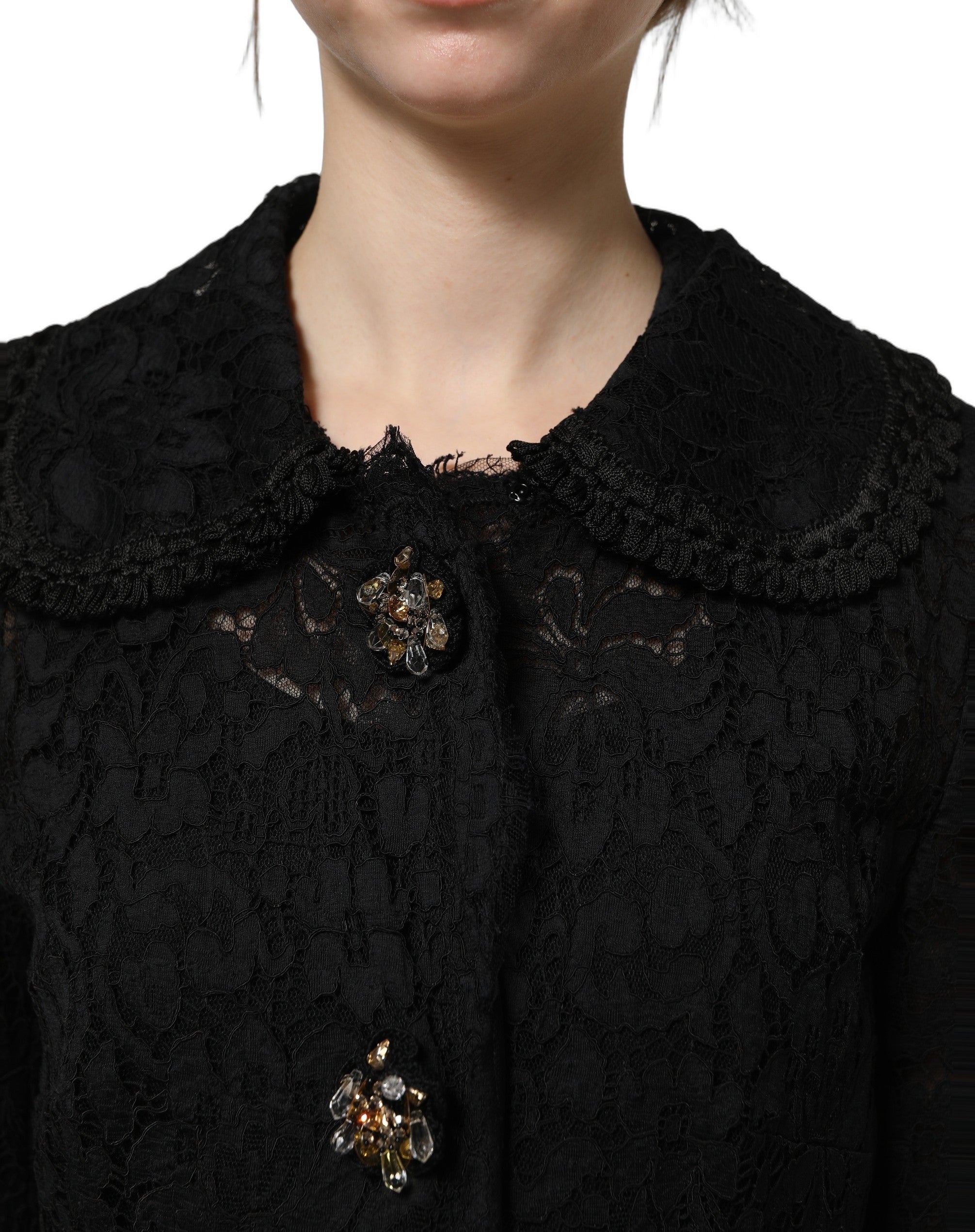 Dolce & Gabbana Schwarzer Mantel aus Guipure-Spitze mit Verzierungen-6