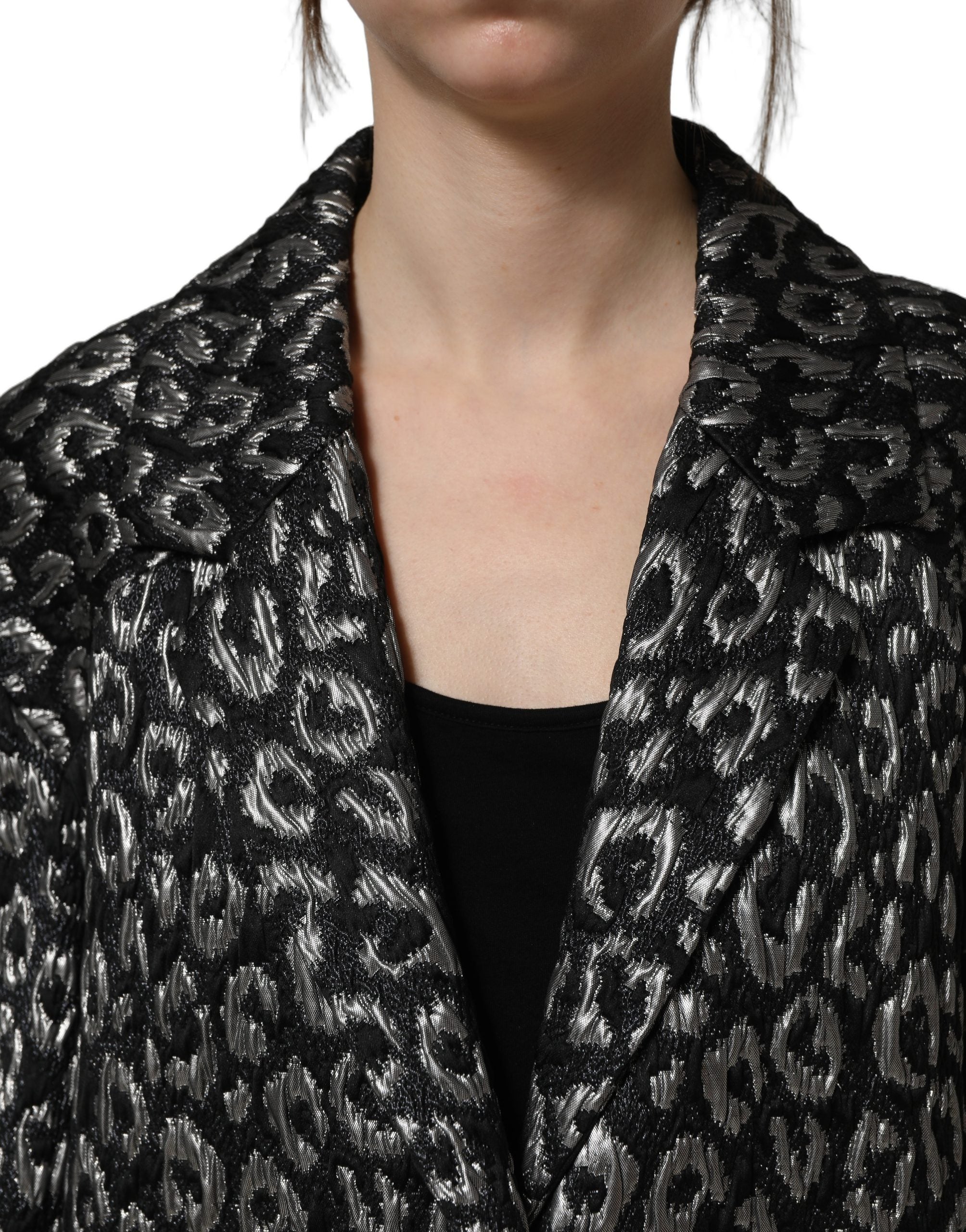 Dolce & Gabbana Schwarzer Jacquard-Mantel mit Silber-Leo-Muster-4