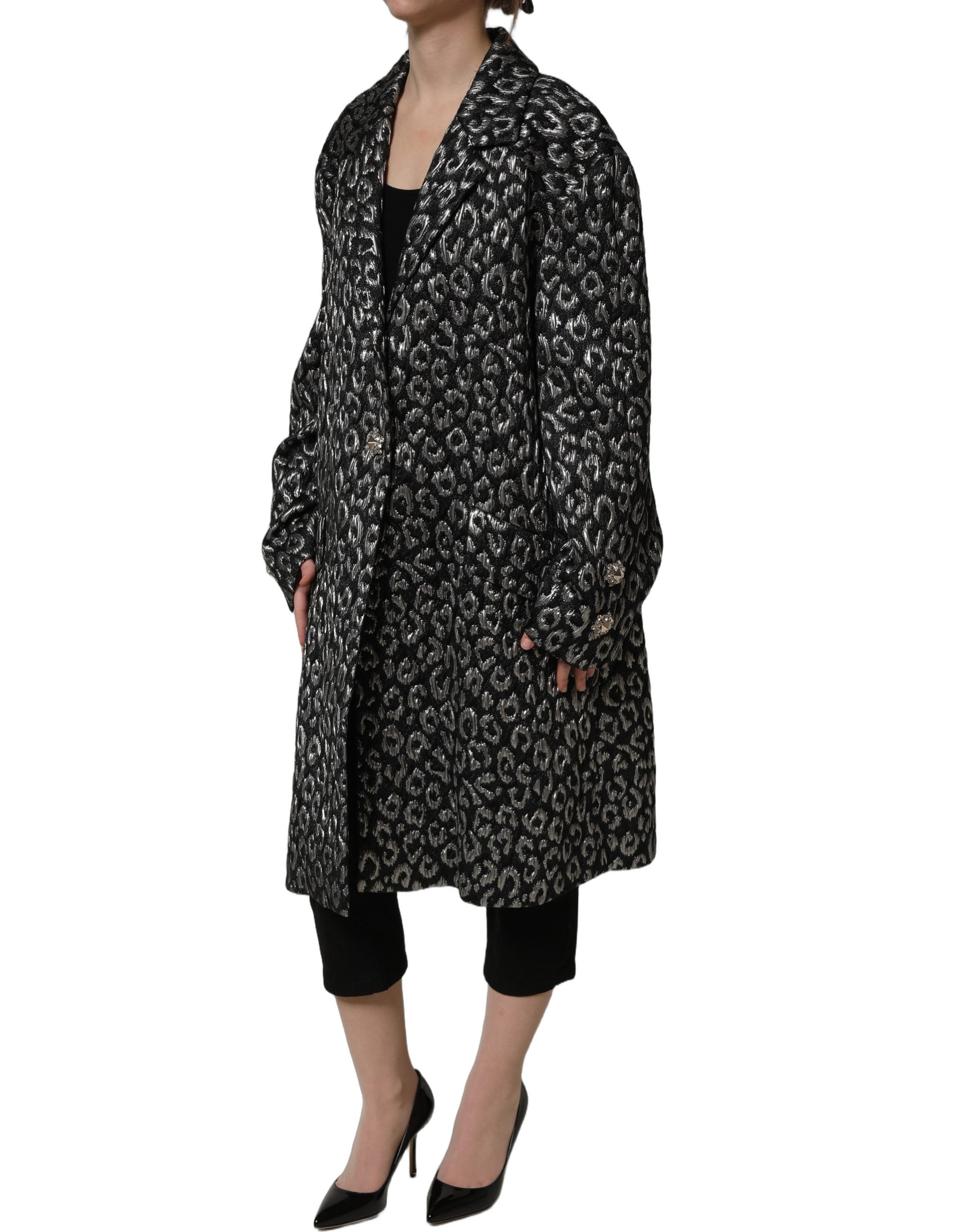 Dolce & Gabbana Schwarzer Jacquard-Mantel mit Silber-Leo-Muster-7
