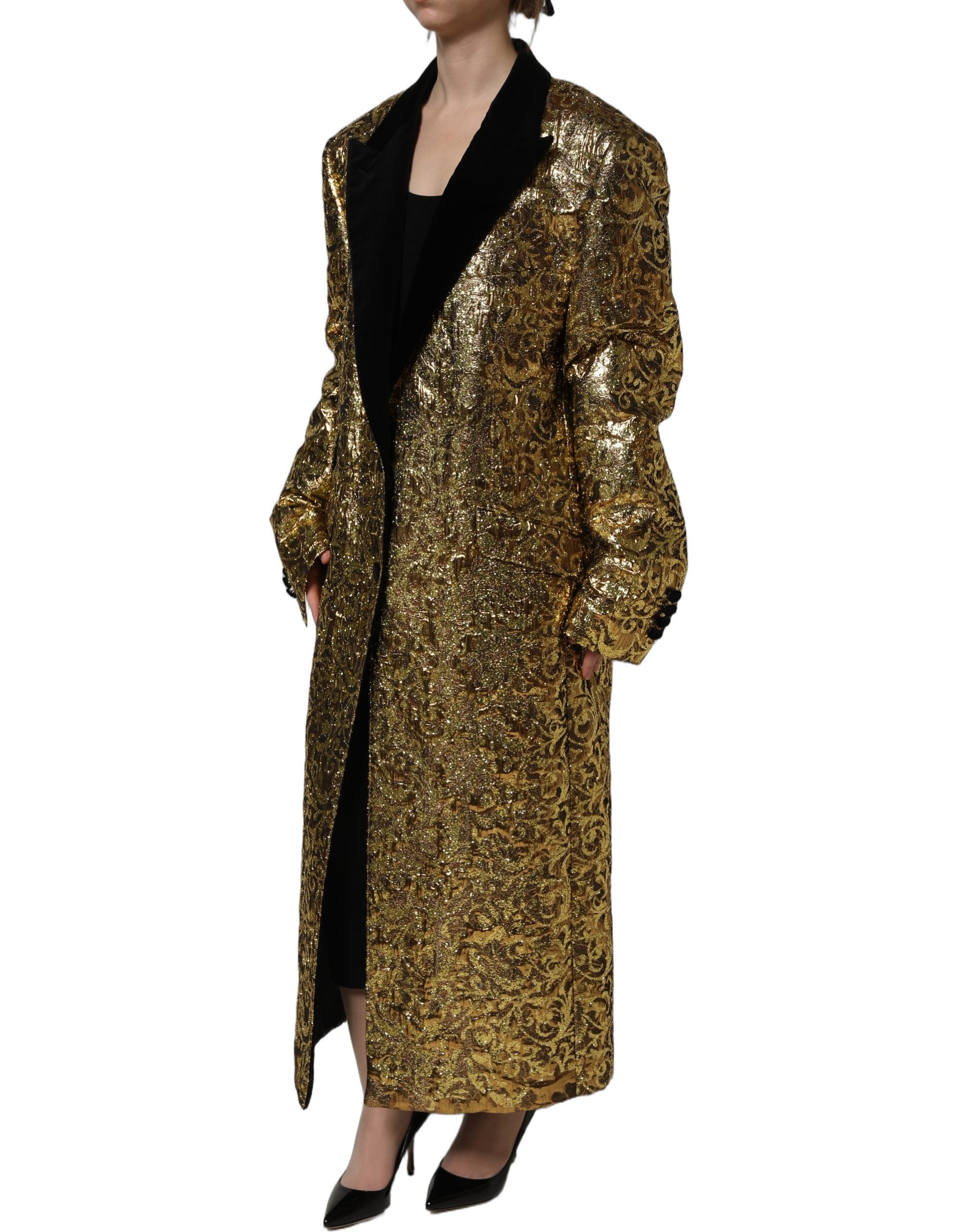 Dolce & Gabbana Goldfarbener Woll-Trenchcoat im Jacquard-Dessin mit Blumenmuster-4