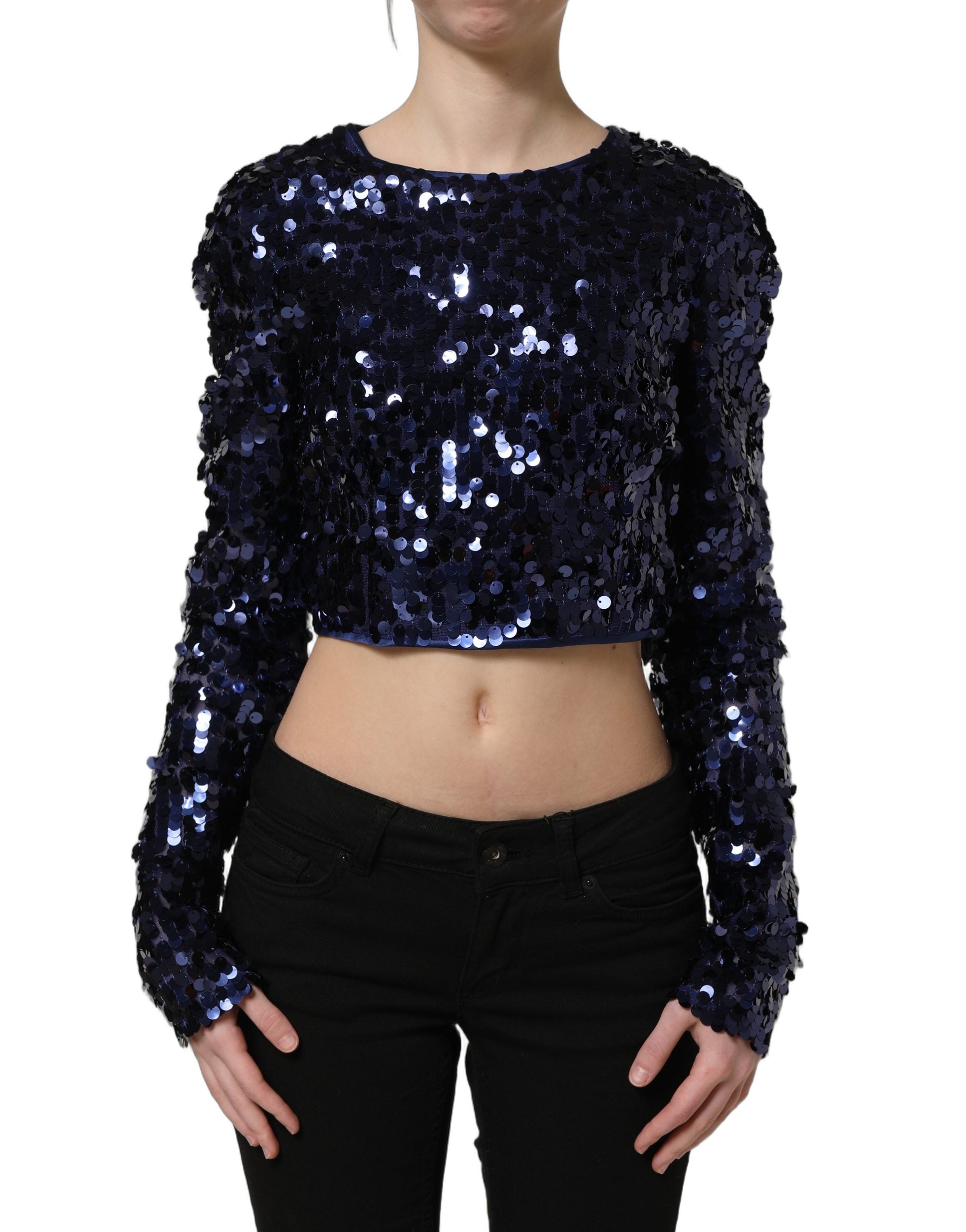 Dolce & Gabbana Blaues Pailletten-Crop-Top mit langen Ärmeln-2