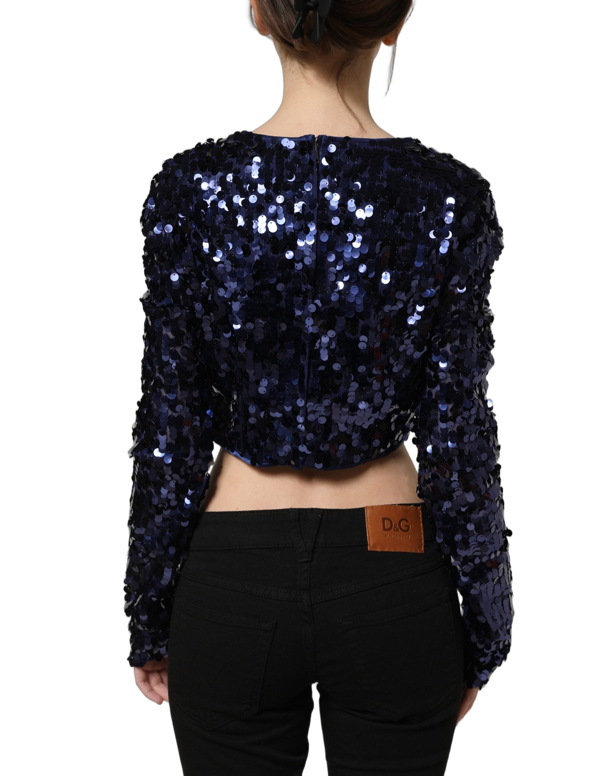 Dolce & Gabbana Blaues Pailletten-Crop-Top mit langen Ärmeln-5