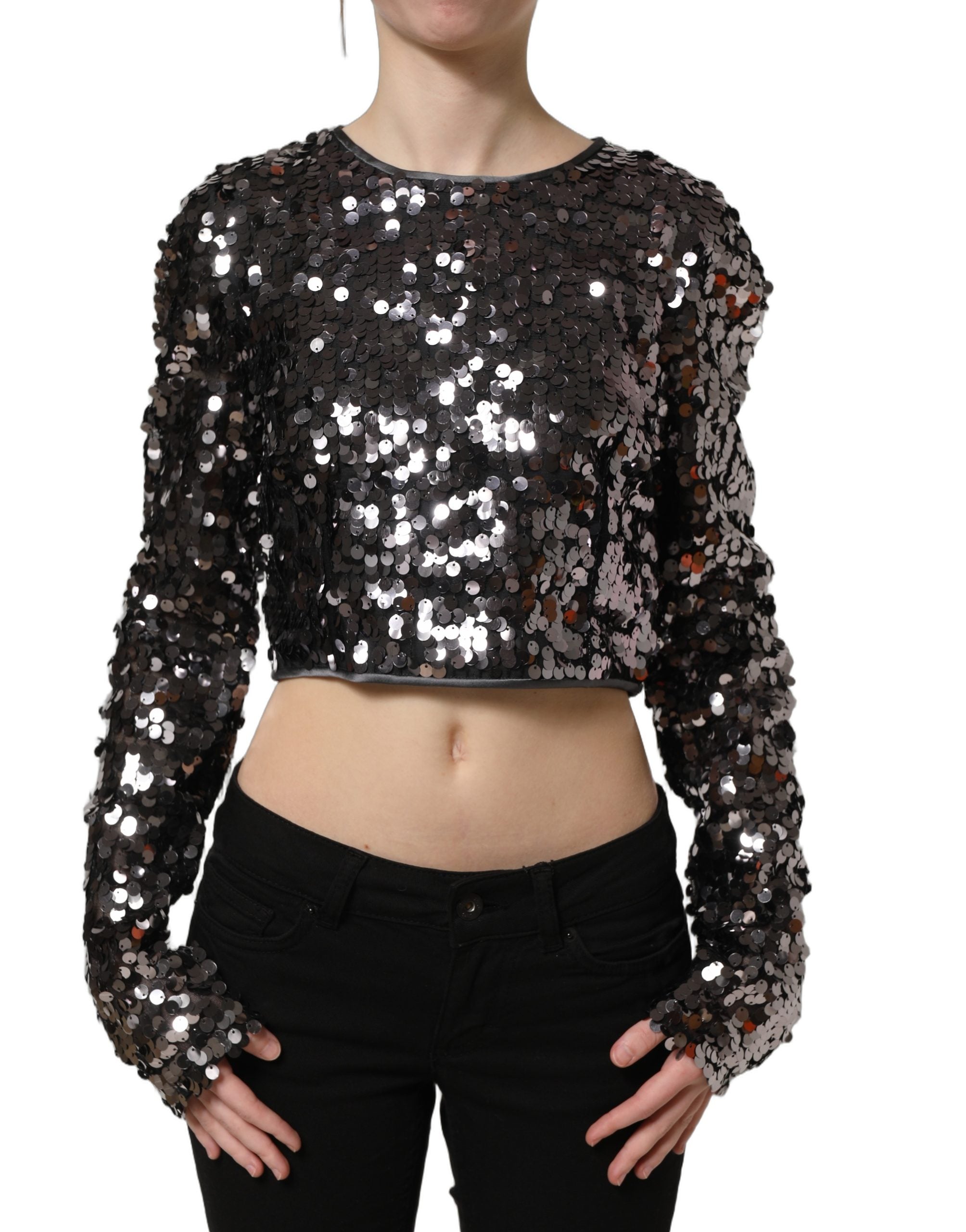 Dolce & Gabbana Schwarze Crop-Bluse mit Pailletten und langen Ärmeln-3