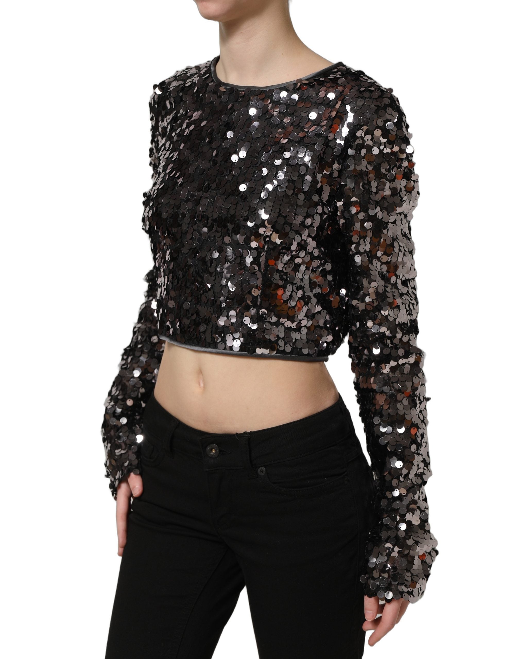 Dolce & Gabbana Schwarze Crop-Bluse mit Pailletten und langen Ärmeln-5