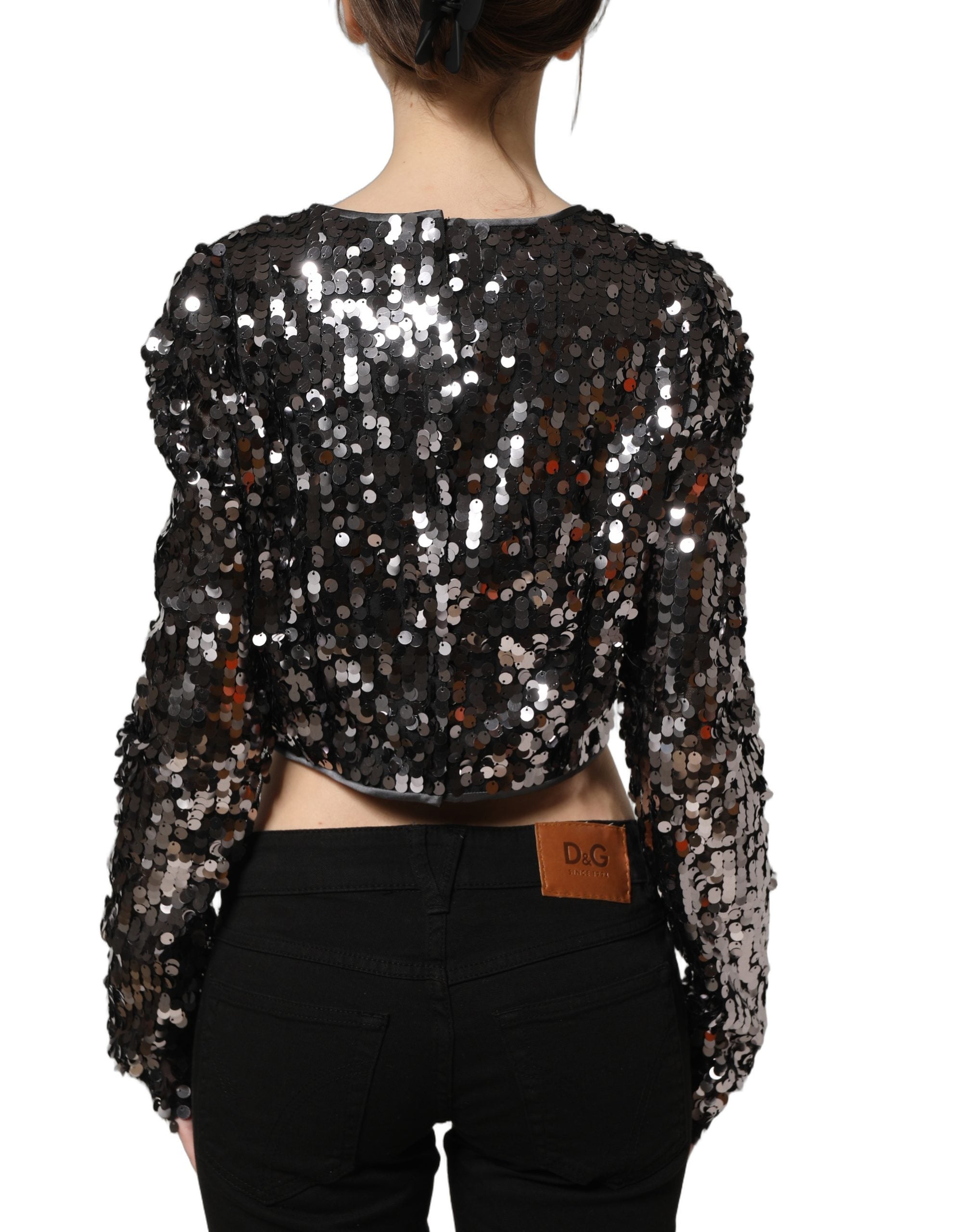 Dolce & Gabbana Schwarze Crop-Bluse mit Pailletten und langen Ärmeln-6