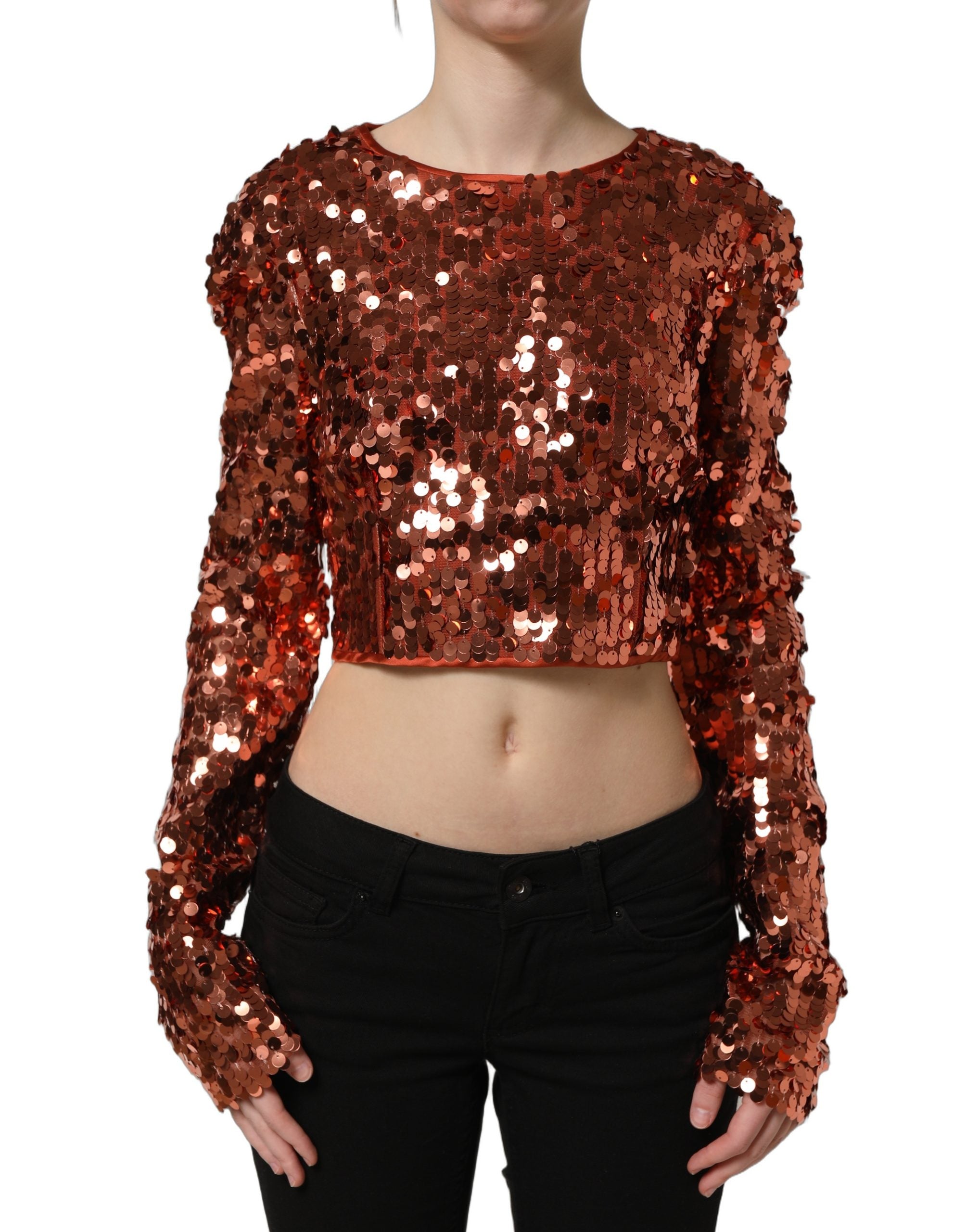 Dolce & Gabbana Rotes Pailletten-Crop-Top mit langen Ärmeln-5