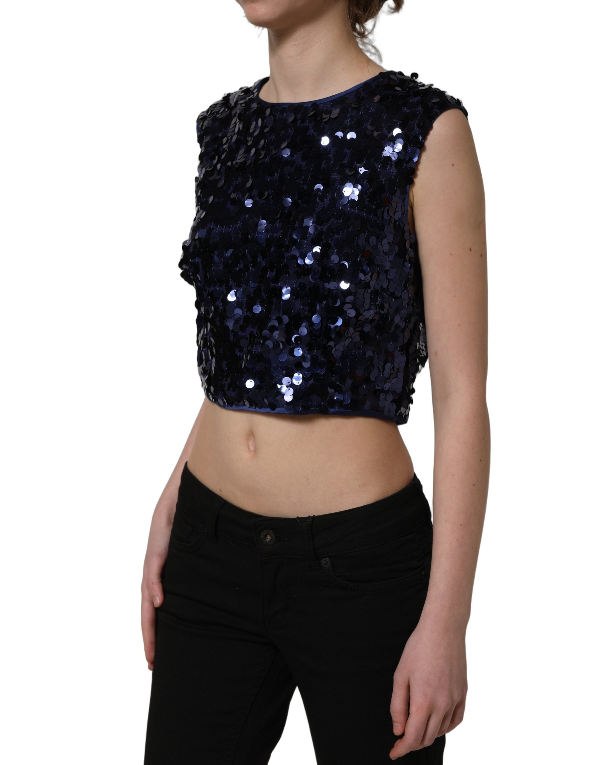 Dolce & Gabbana Blaues Pailletten-Top ohne Ärmel, Cropped-4