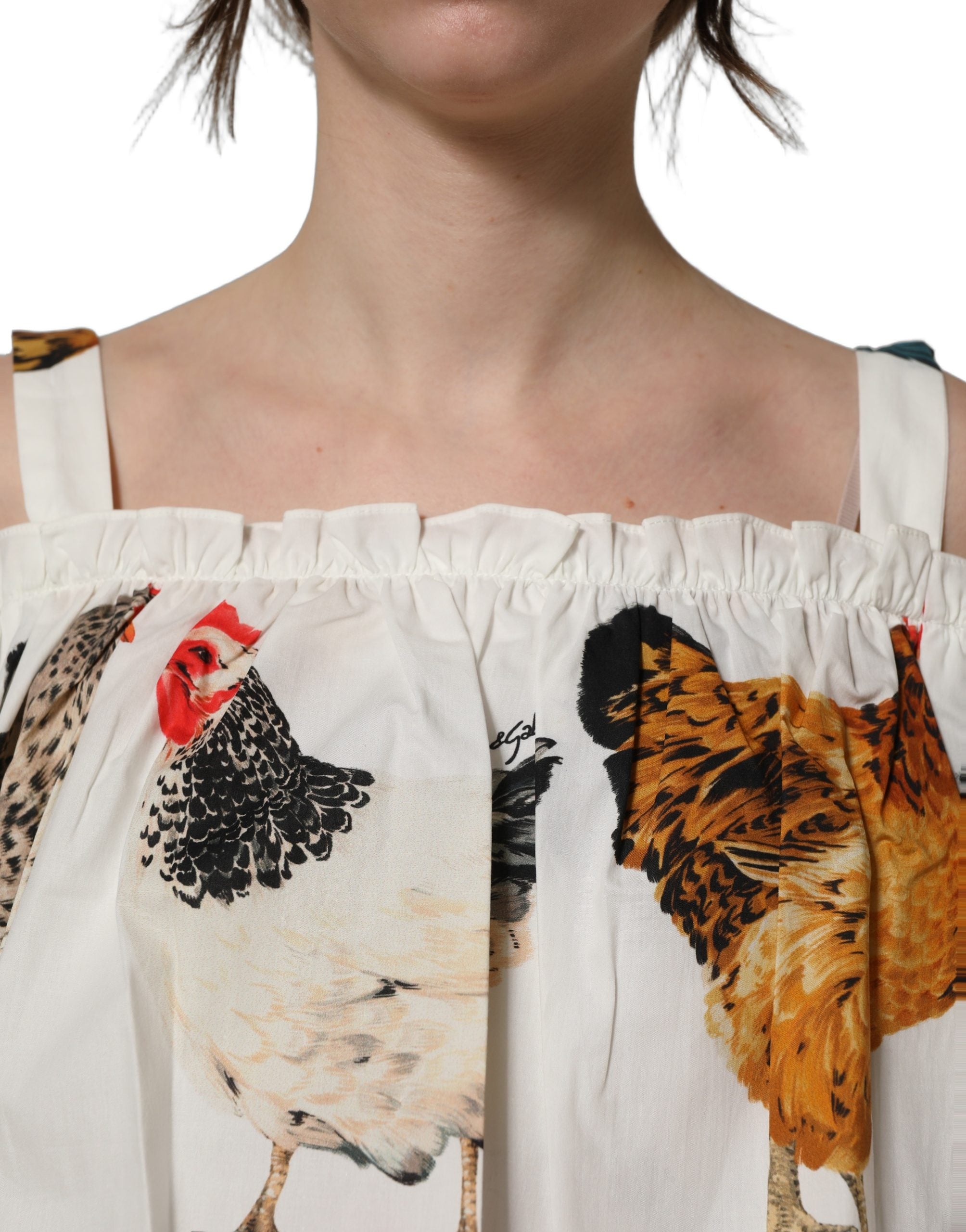 Dolce & Gabbana Weiße Popeline-Bluse mit Hahnendruck, schulterfrei-1