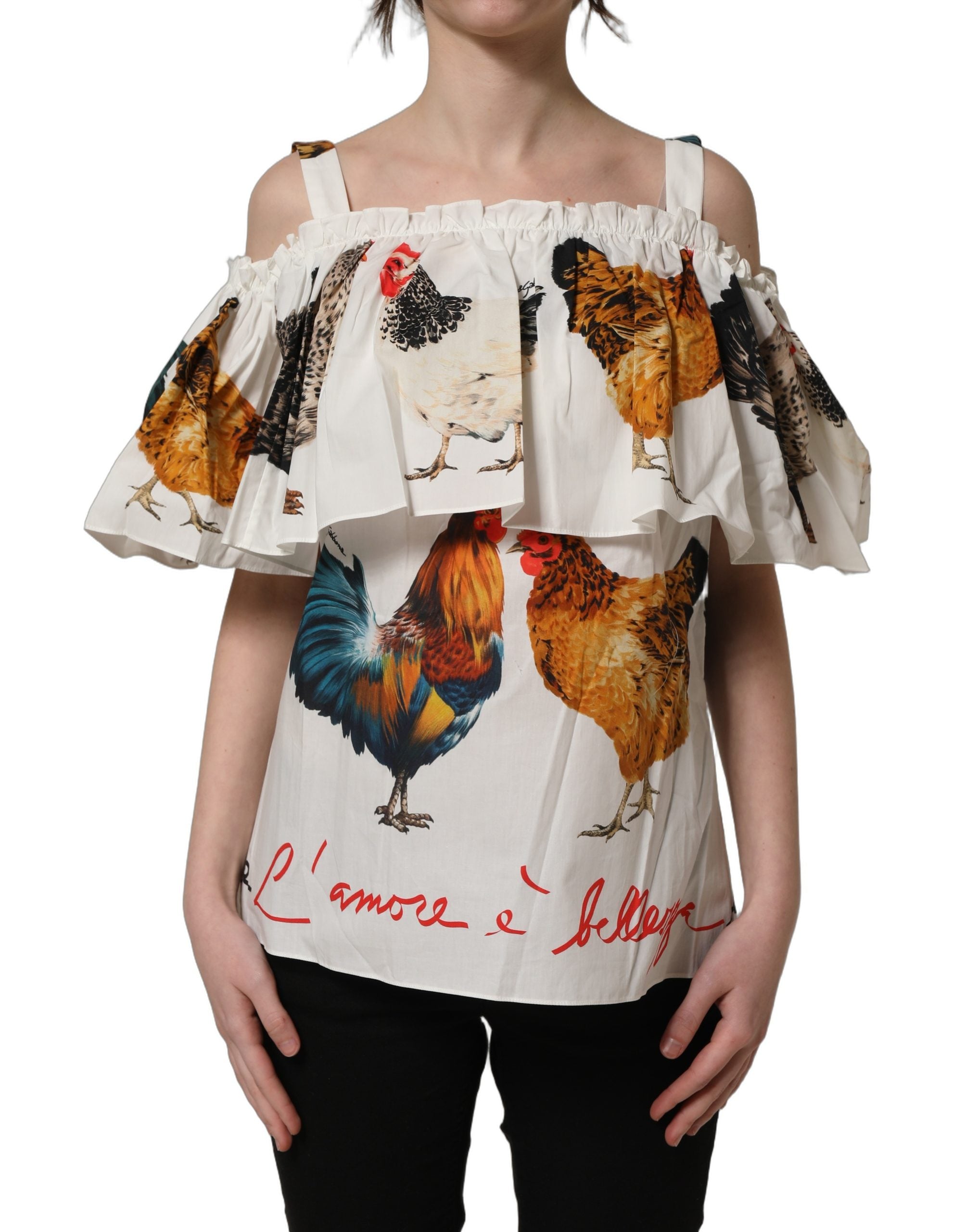Dolce & Gabbana Weiße Popeline-Bluse mit Hahnendruck, schulterfrei-3