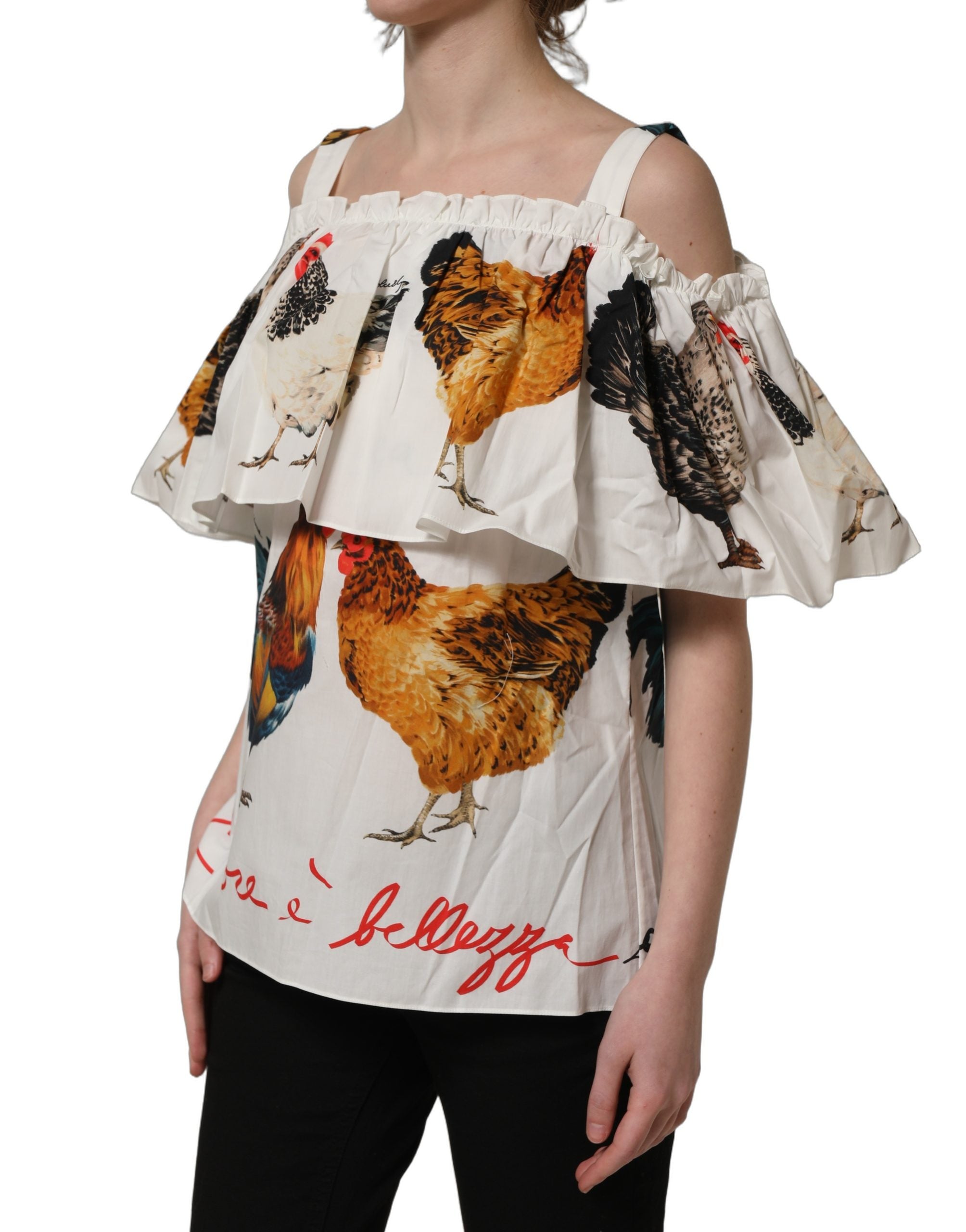 Dolce & Gabbana Weiße Popeline-Bluse mit Hahnendruck, schulterfrei-5
