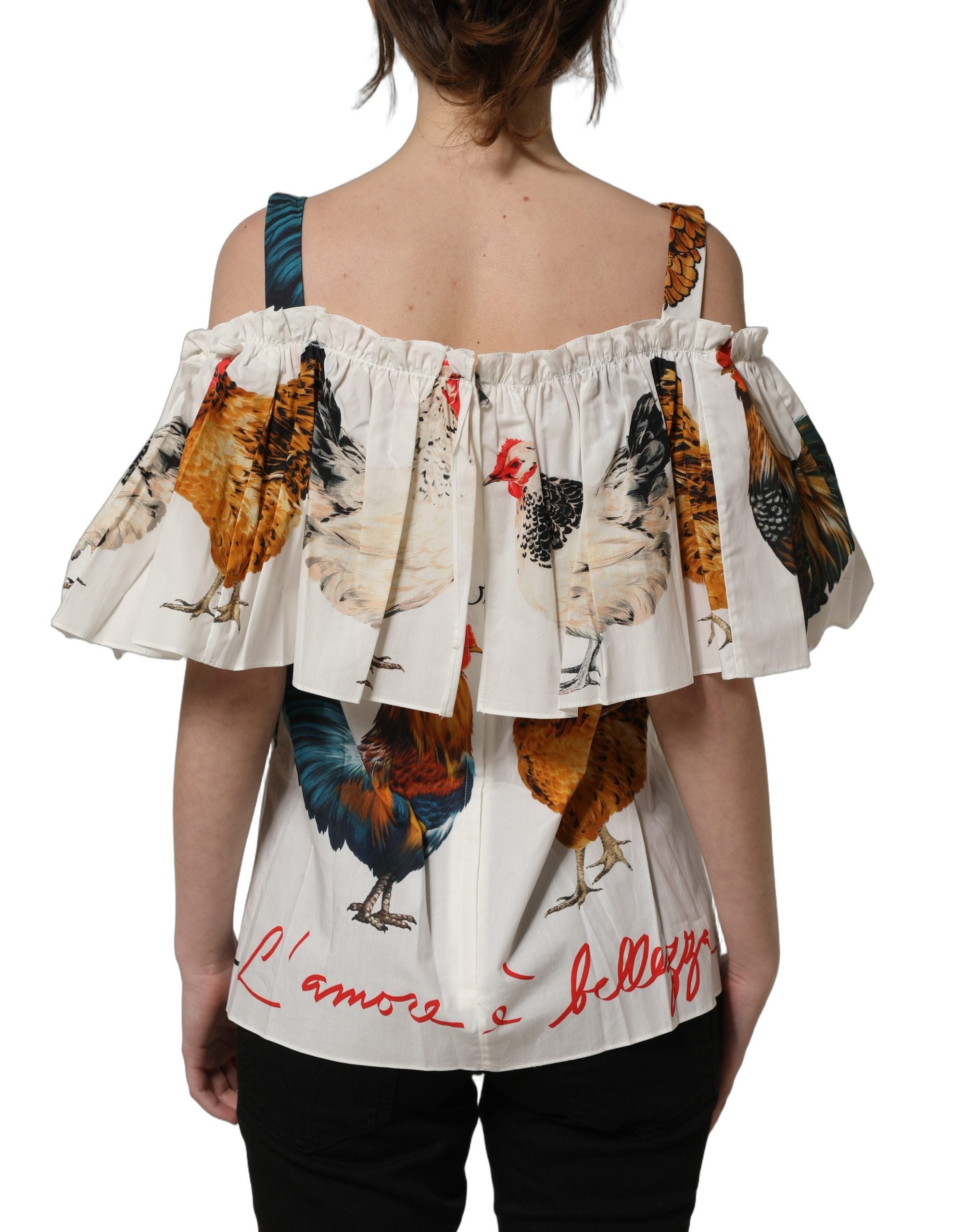 Dolce & Gabbana Weiße Popeline-Bluse mit Hahnendruck, schulterfrei-6