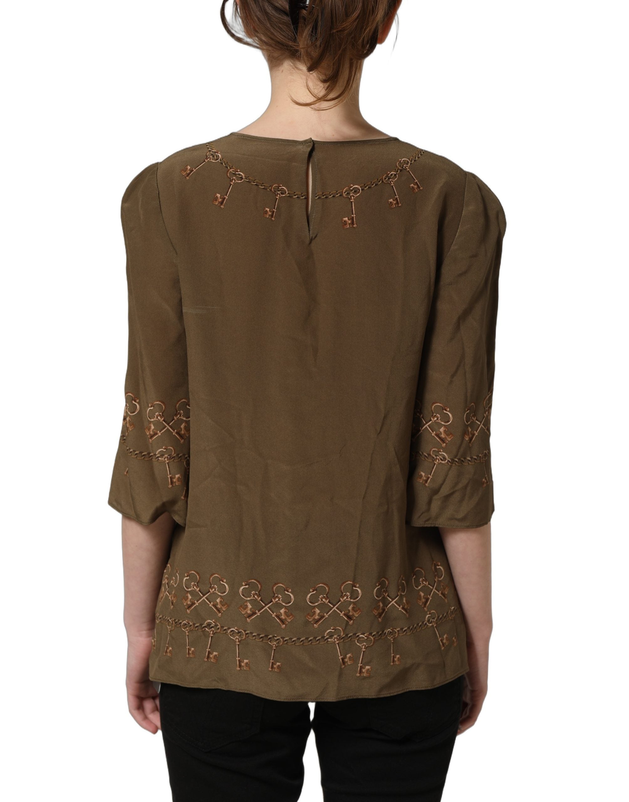 Dolce & Gabbana Seidenbluse mit braunem Schlüssel- und Rosen-Print-1