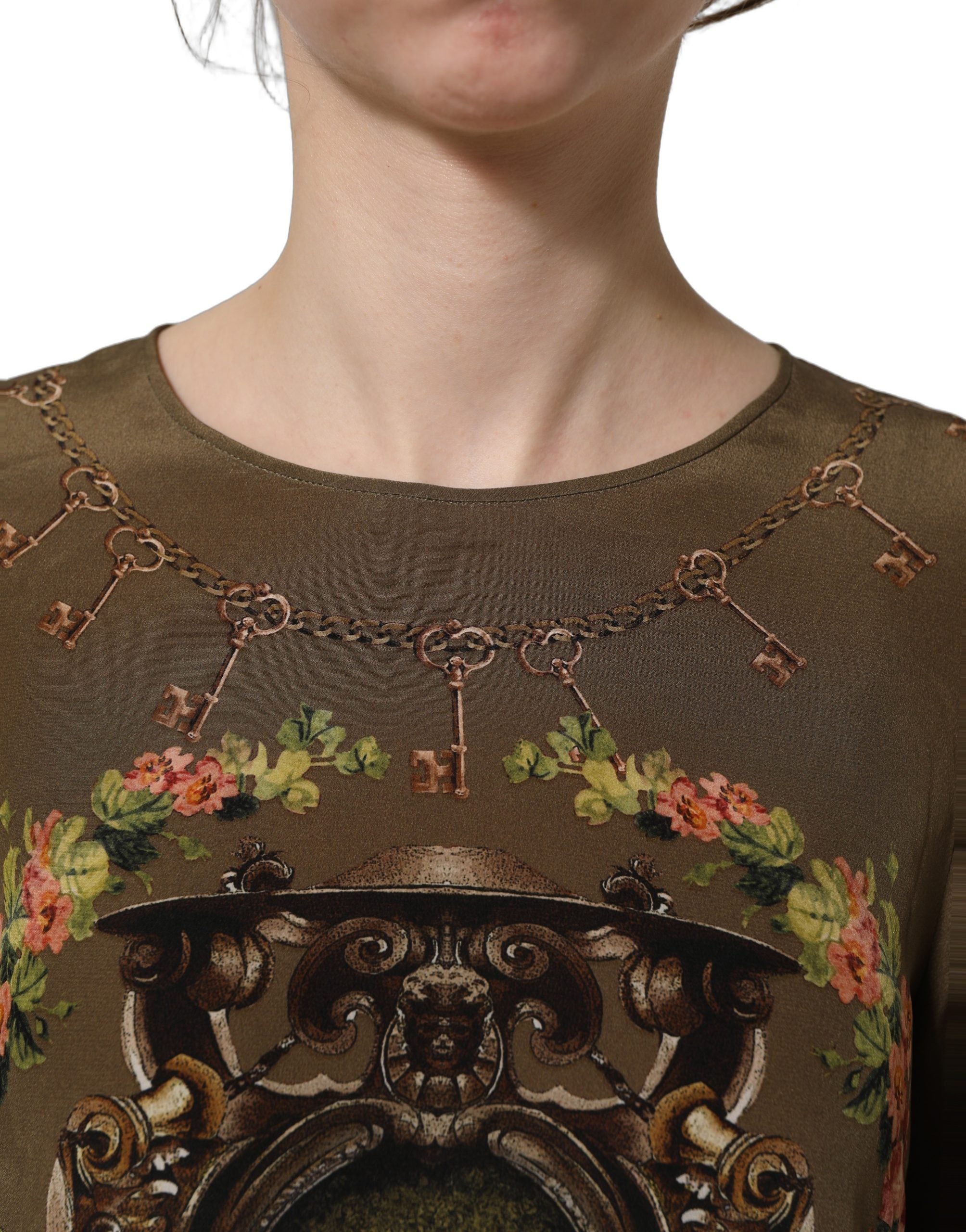Dolce & Gabbana Seidenbluse mit braunem Schlüssel- und Rosen-Print-2
