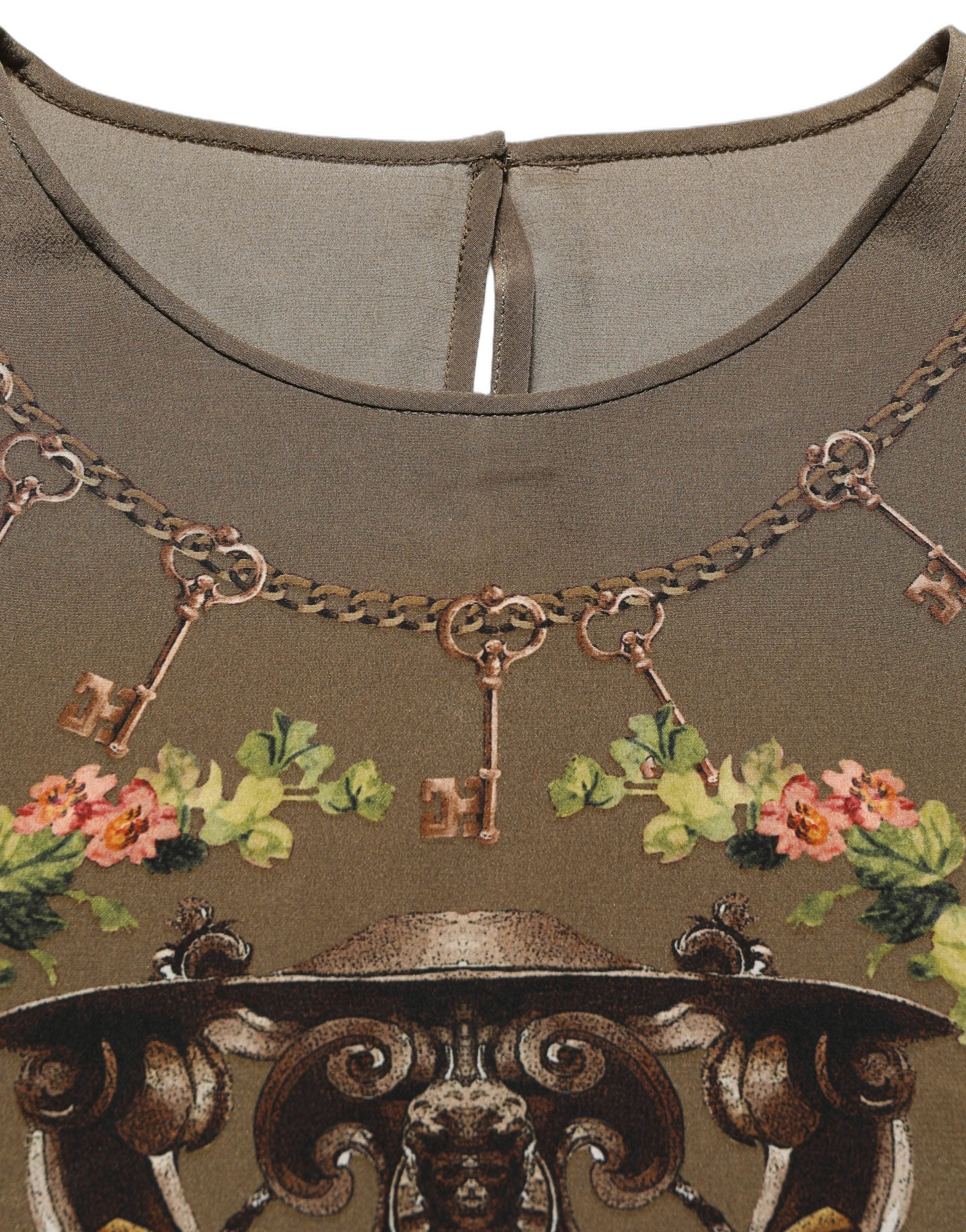 Dolce & Gabbana Seidenbluse mit braunem Schlüssel- und Rosen-Print-3