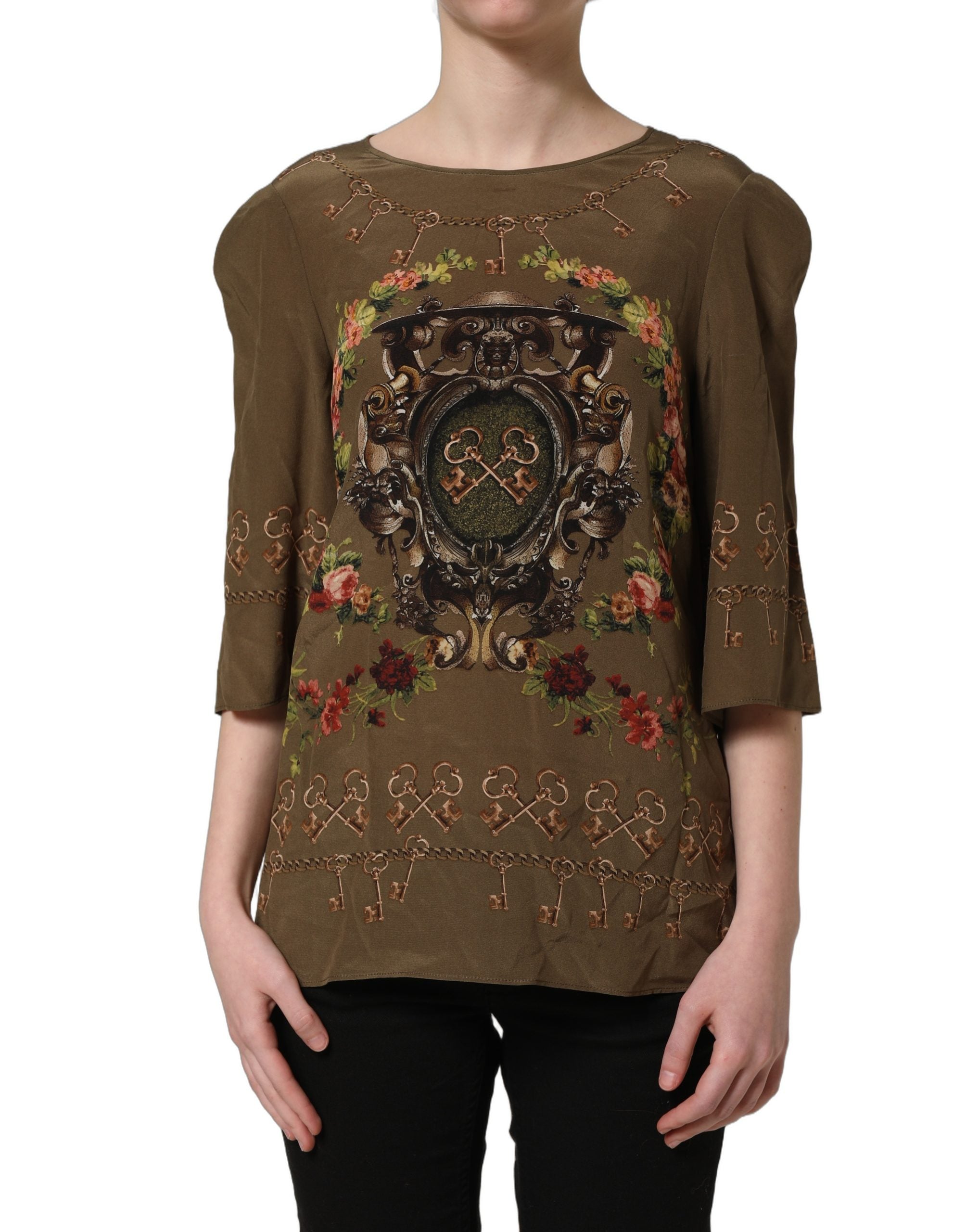 Dolce & Gabbana Seidenbluse mit braunem Schlüssel- und Rosen-Print-5