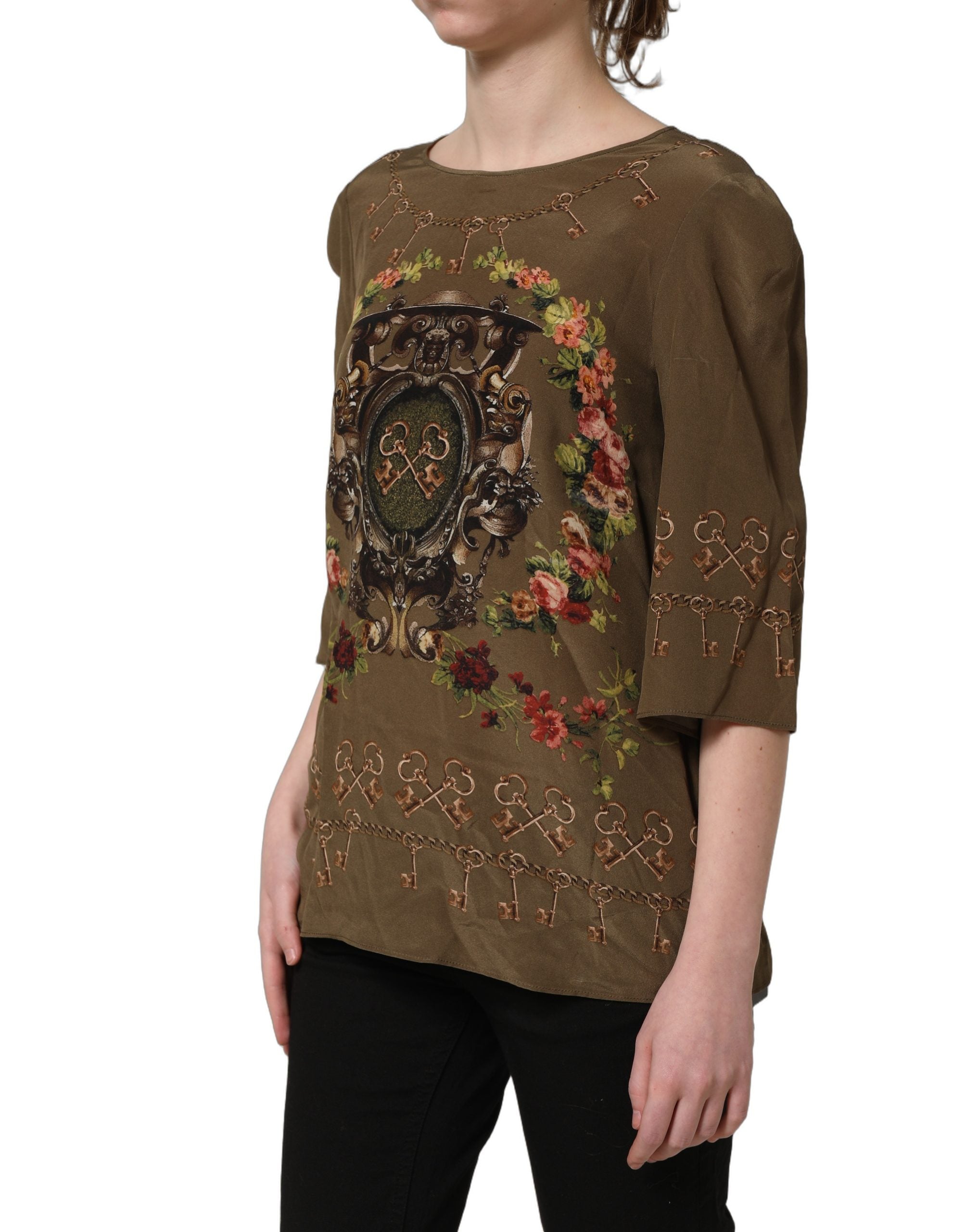 Dolce & Gabbana Seidenbluse mit braunem Schlüssel- und Rosen-Print-6
