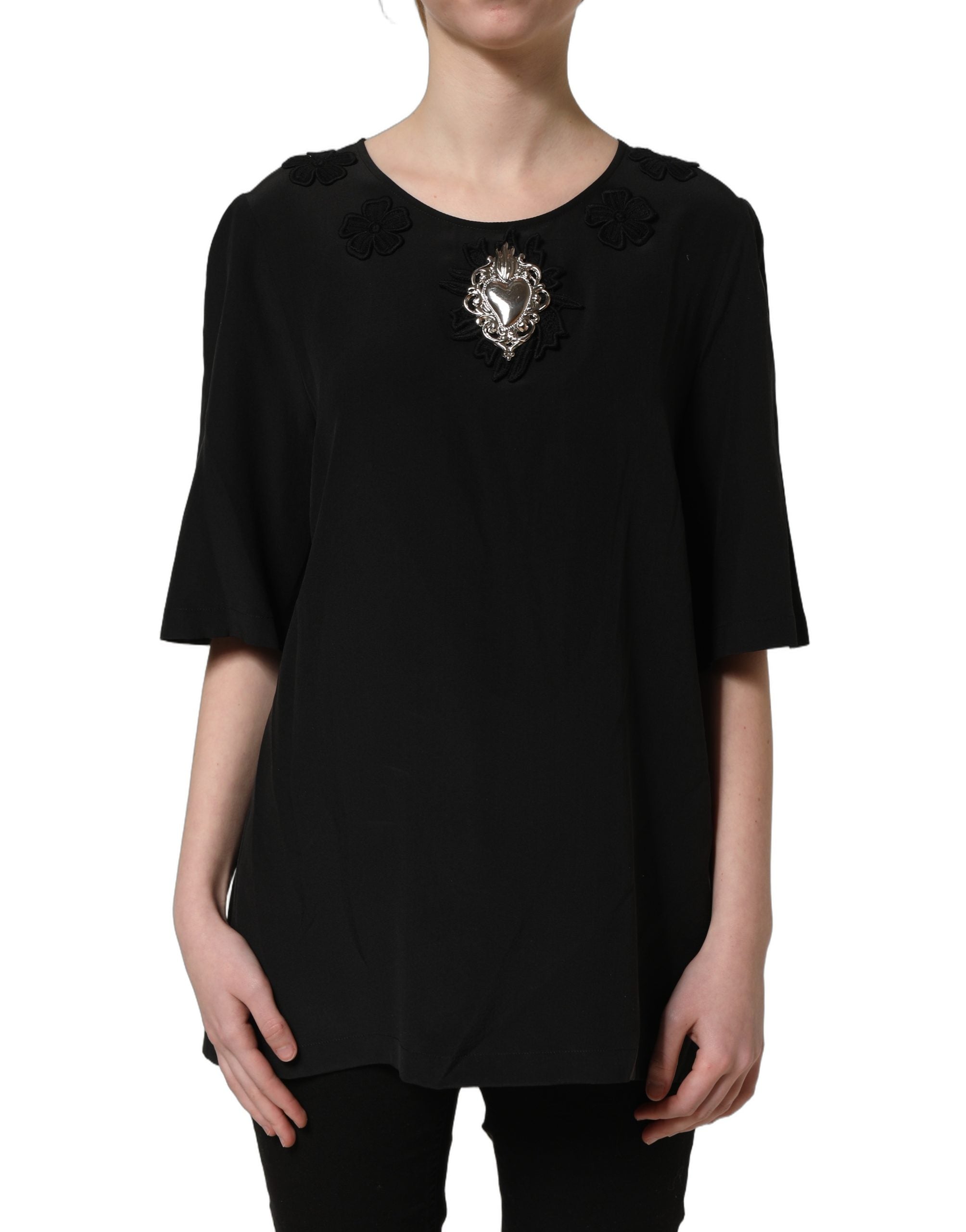 Dolce & Gabbana Schwarze Seidenbluse mit Herz-Applikation und Blumenmuster-2