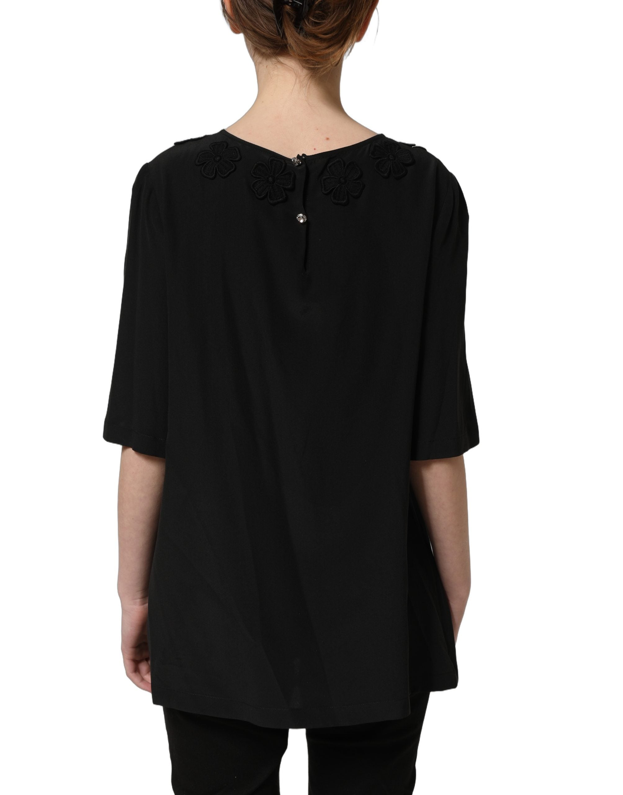 Dolce & Gabbana Schwarze Seidenbluse mit Herz-Applikation und Blumenmuster-5