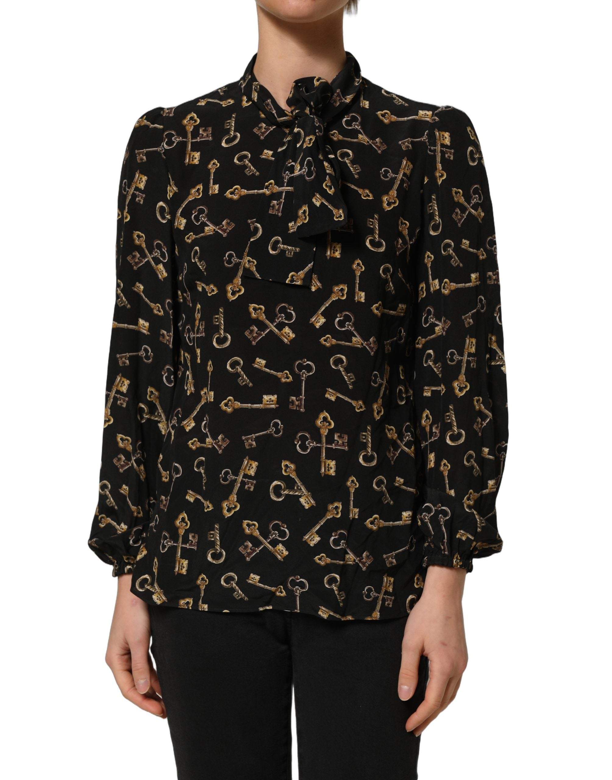 Dolce & Gabbana Seidenbluse mit schwarzem Schlüssel-Print und Schleifenkragen-2