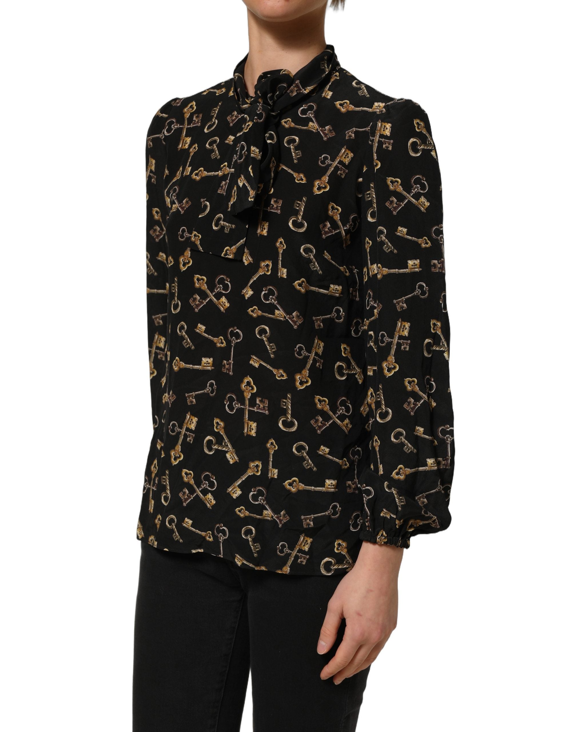 Dolce & Gabbana Seidenbluse mit schwarzem Schlüssel-Print und Schleifenkragen-4