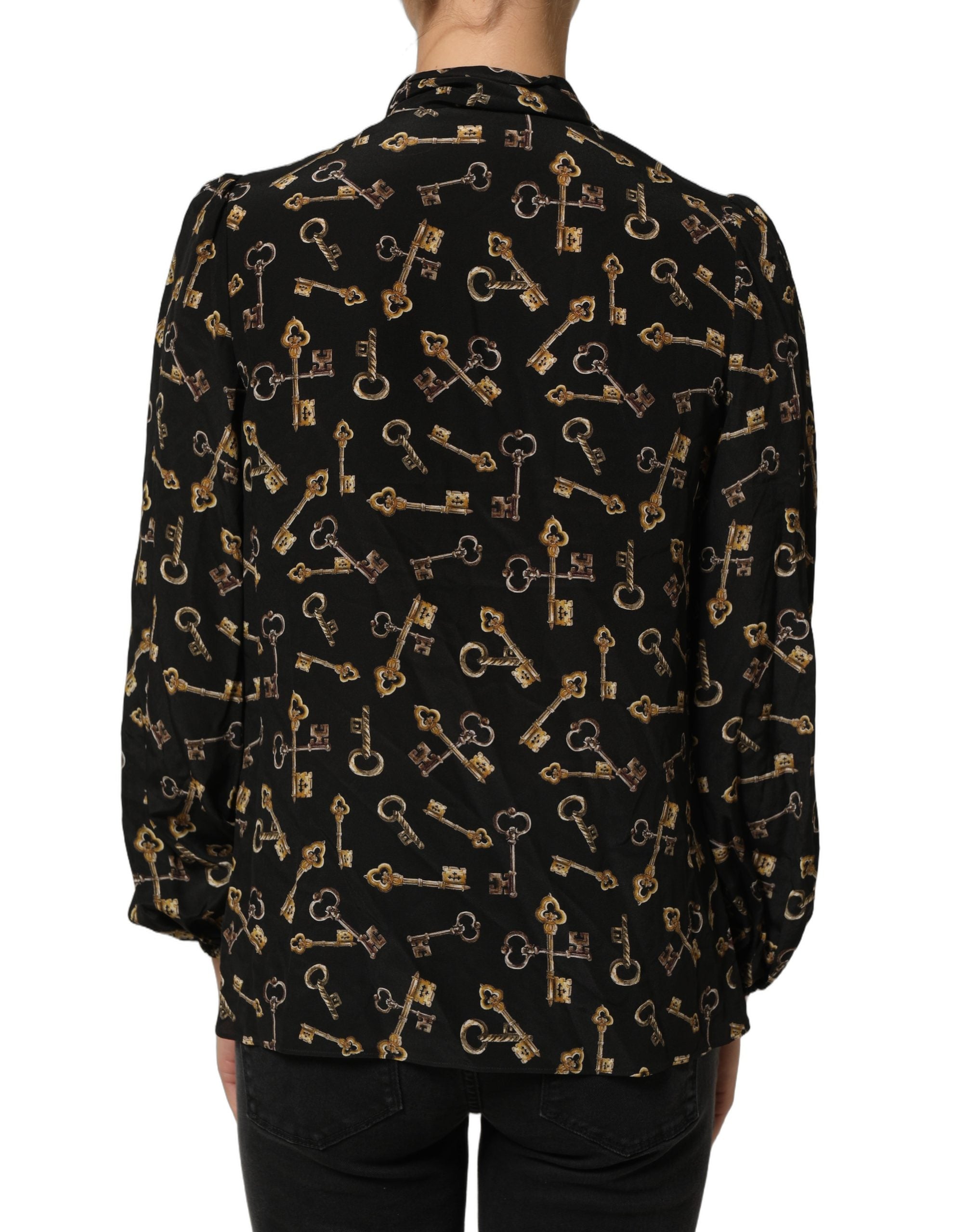 Dolce & Gabbana Seidenbluse mit schwarzem Schlüssel-Print und Schleifenkragen-5