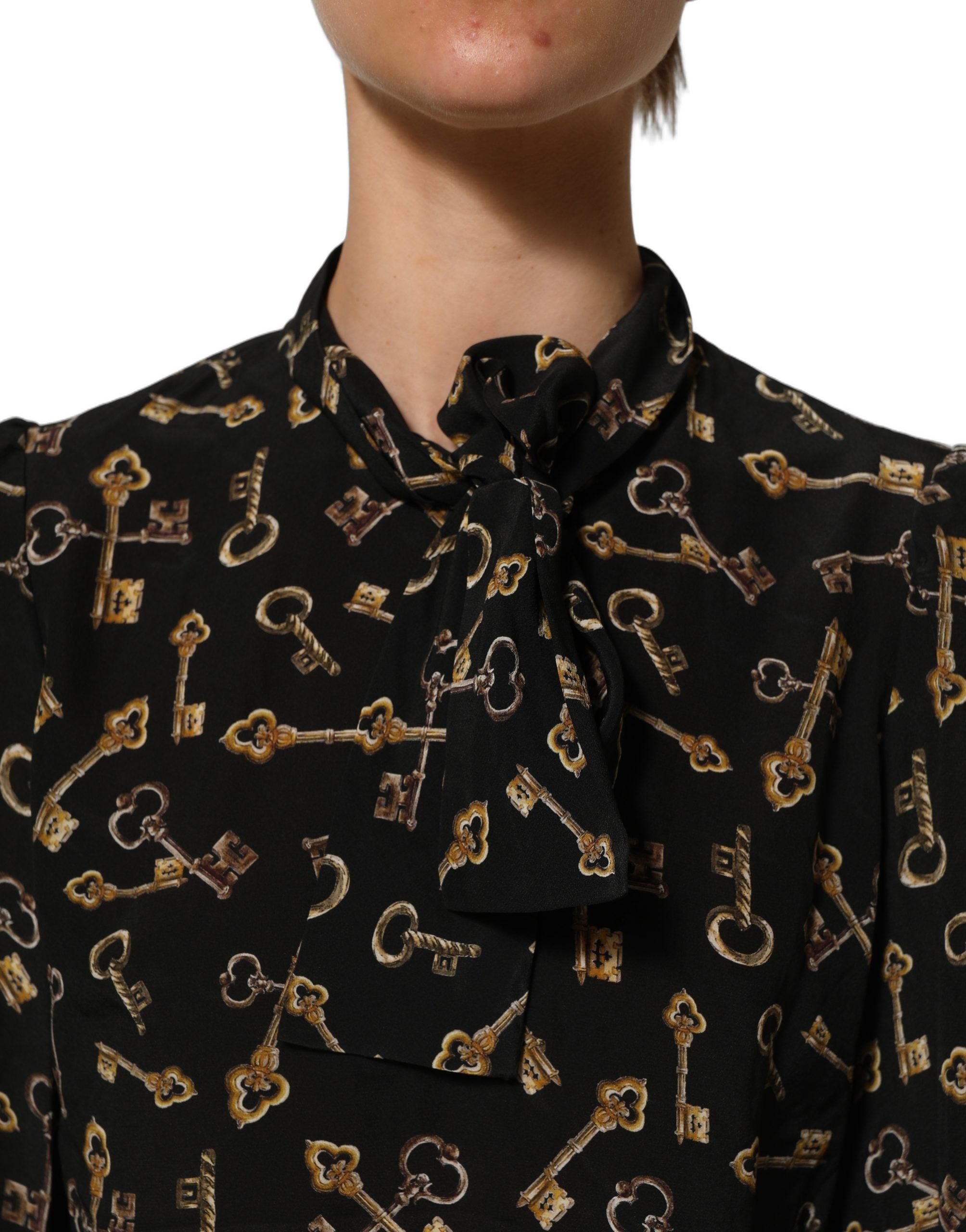 Dolce & Gabbana Seidenbluse mit schwarzem Schlüssel-Print und Schleifenkragen-6