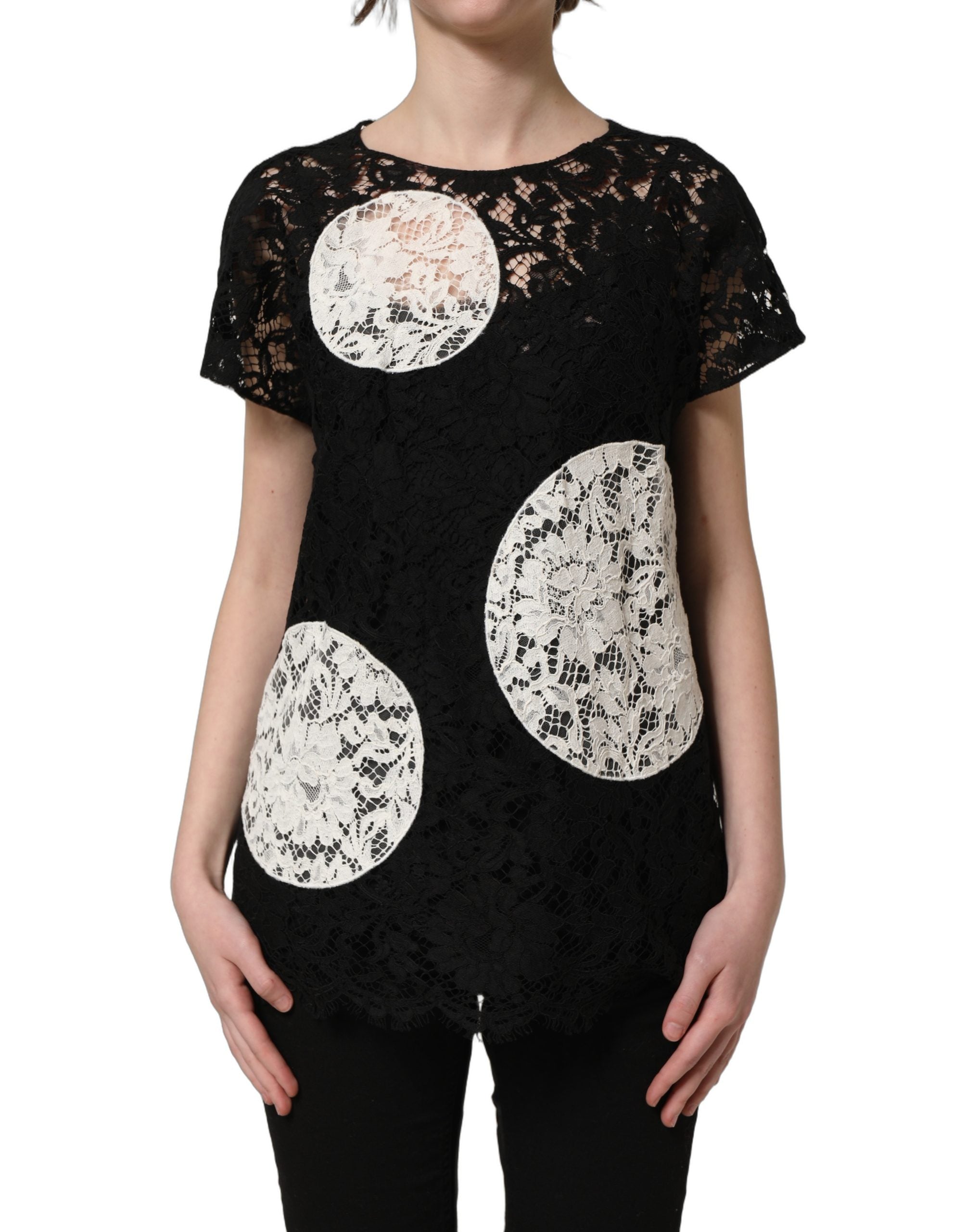 Dolce & Gabbana Kurzarmbluse mit schwarzer und weißer Blumen-Spitze-3