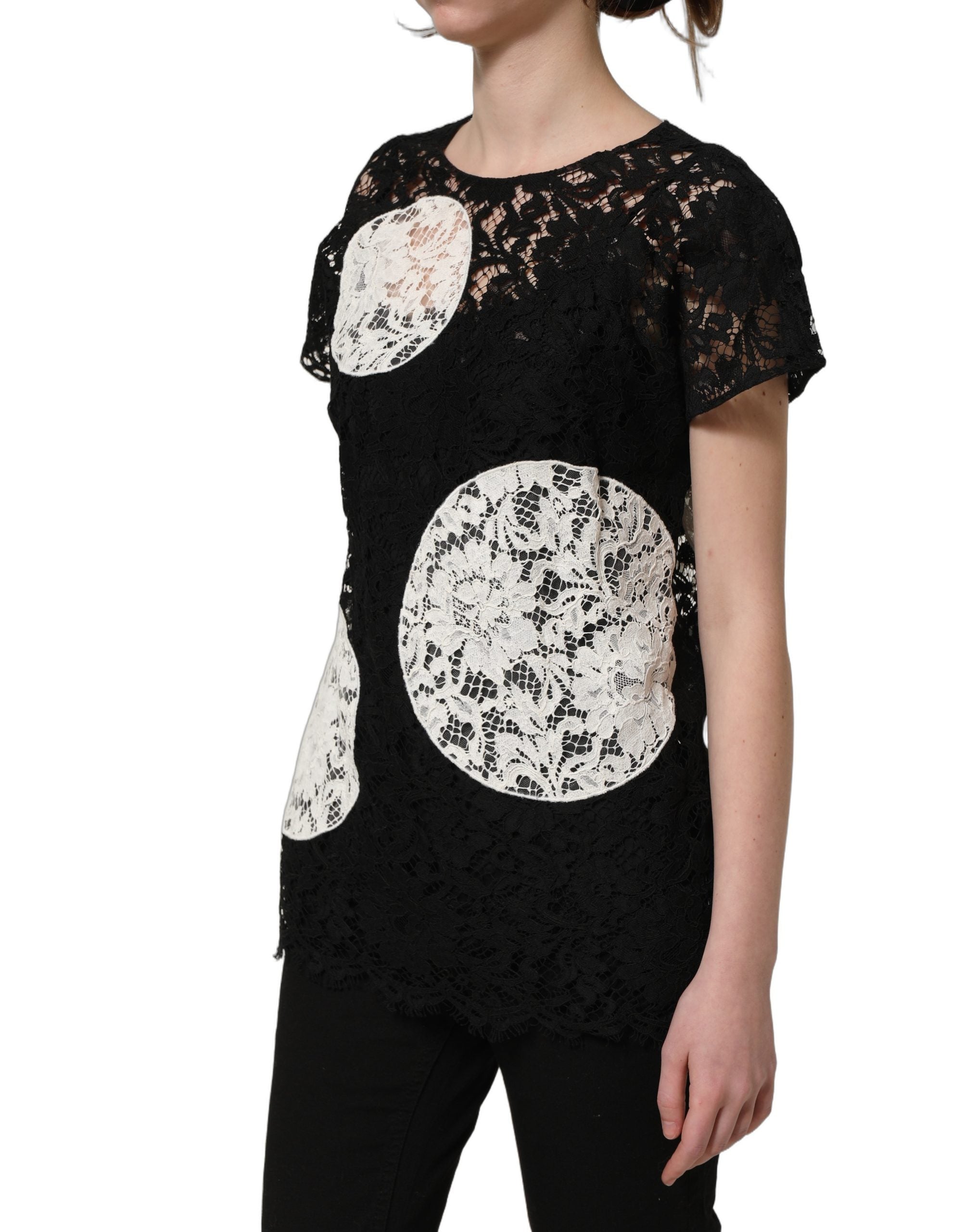 Dolce & Gabbana Kurzarmbluse mit schwarzer und weißer Blumen-Spitze-4