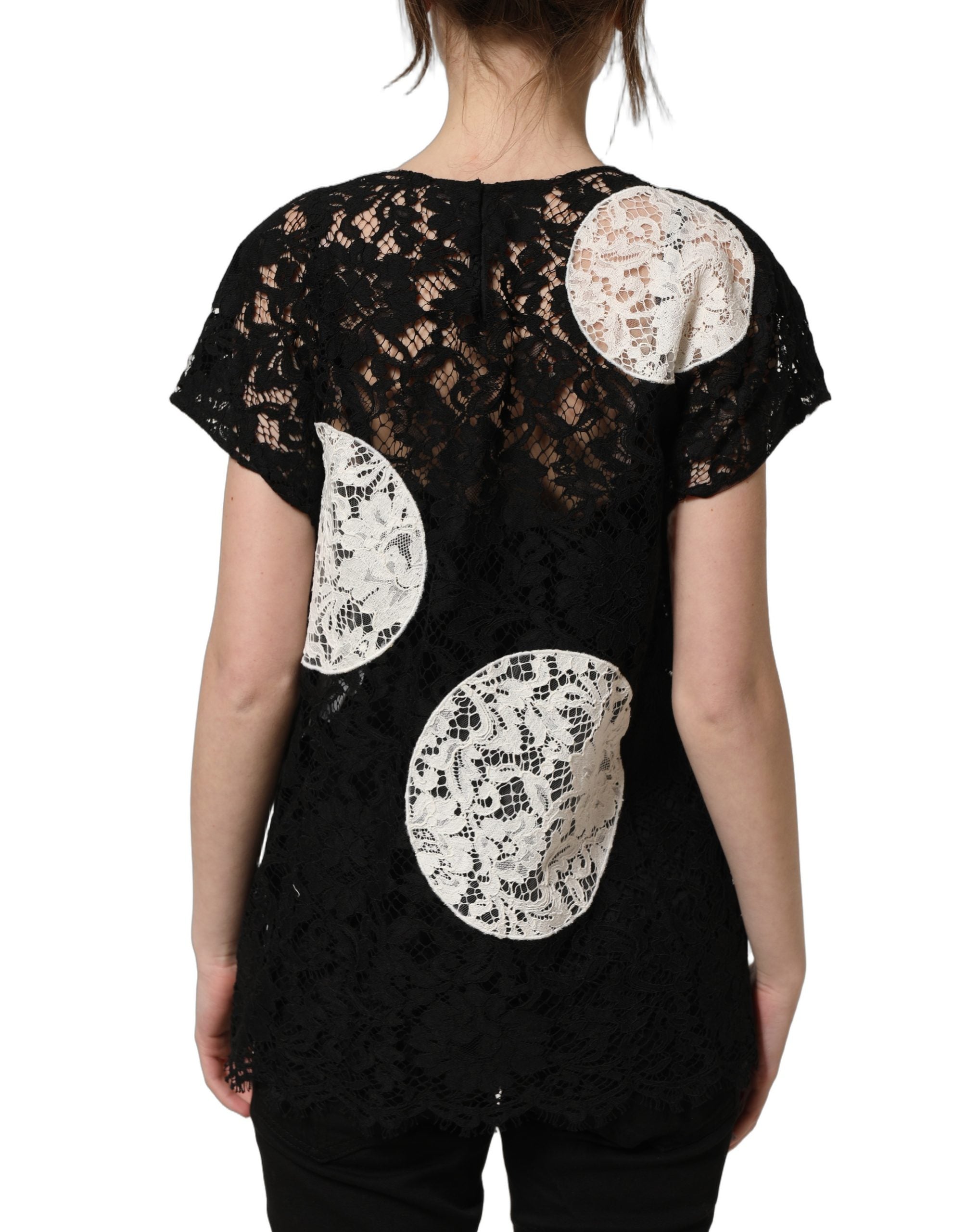 Dolce & Gabbana Kurzarmbluse mit schwarzer und weißer Blumen-Spitze-6